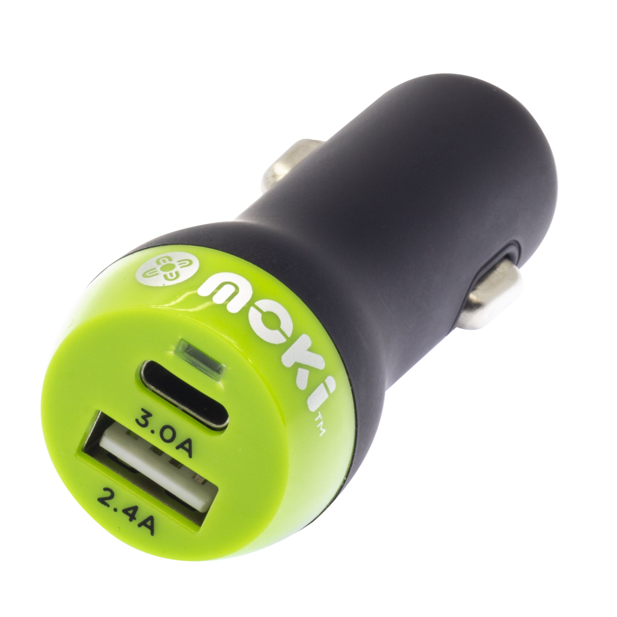 MOKI Car Charger featuring a 3.0A Type-C port and a 2.4A USB port in a sleek black design.