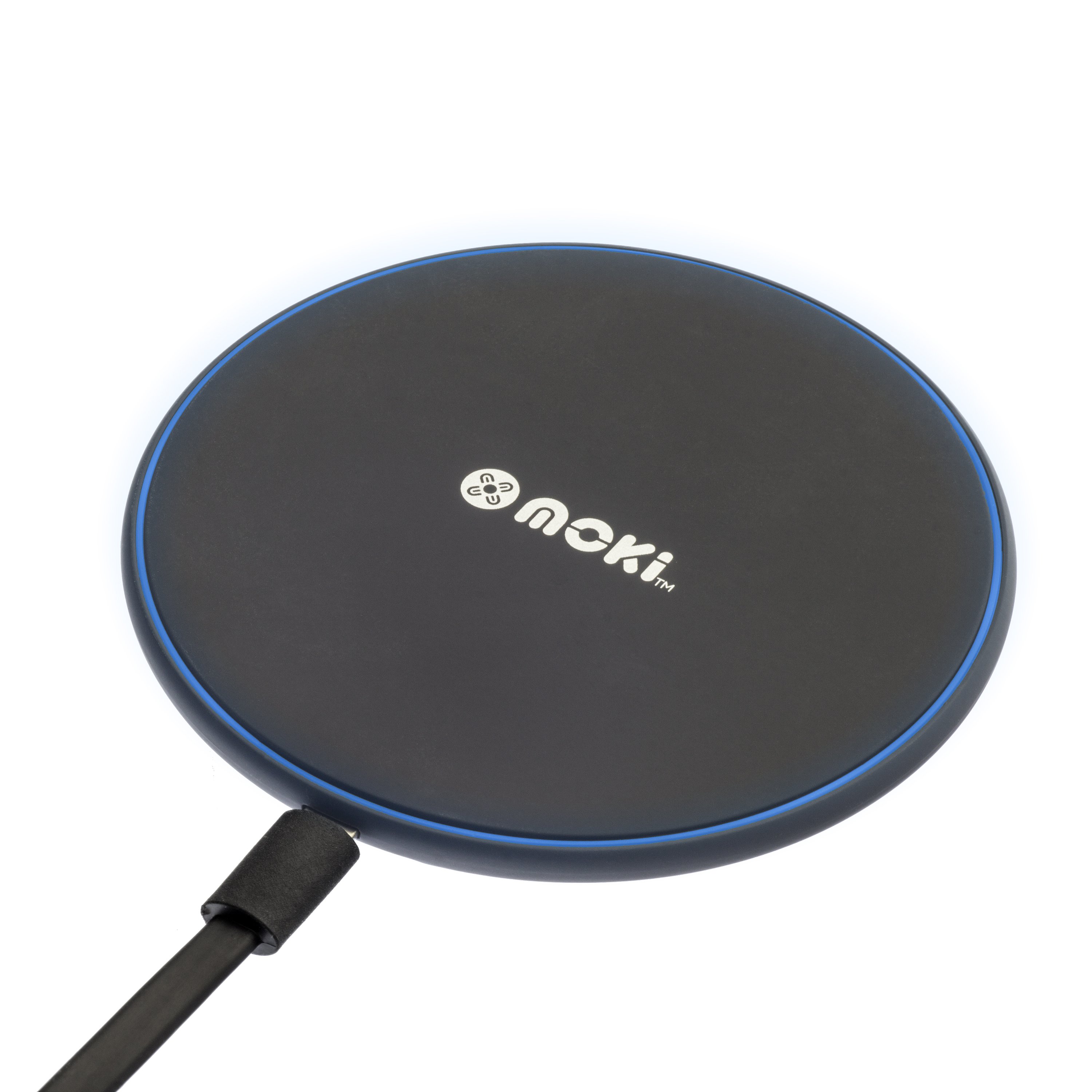 MOKI ChargePad Qi Wireless (5W) charging pad with MicroUSB cable, designed for convenient smartphone charging.