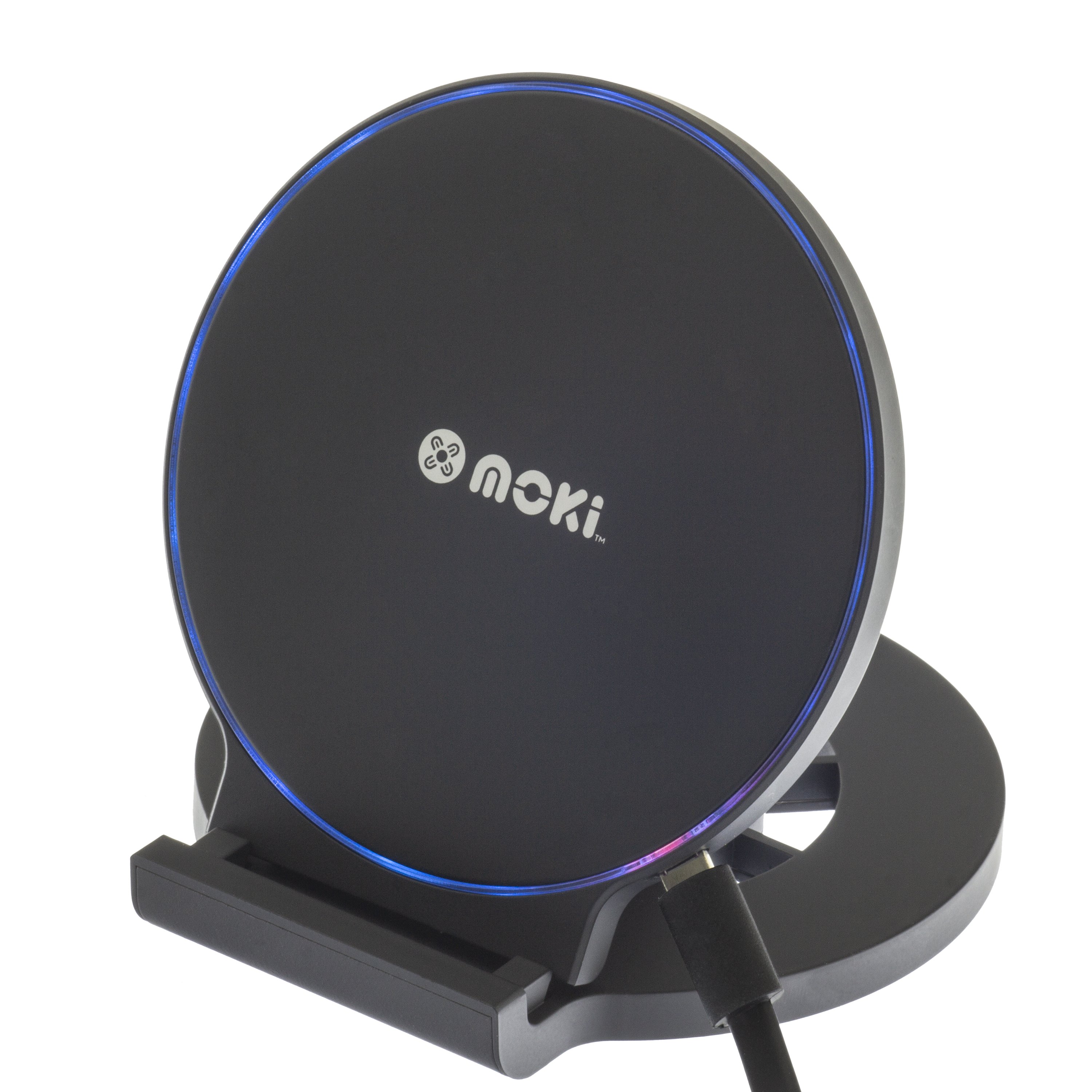 MOKI ChargeStand Qi Wireless (10W) with adjustable stand and LED indicator, designed for convenient smartphone charging.