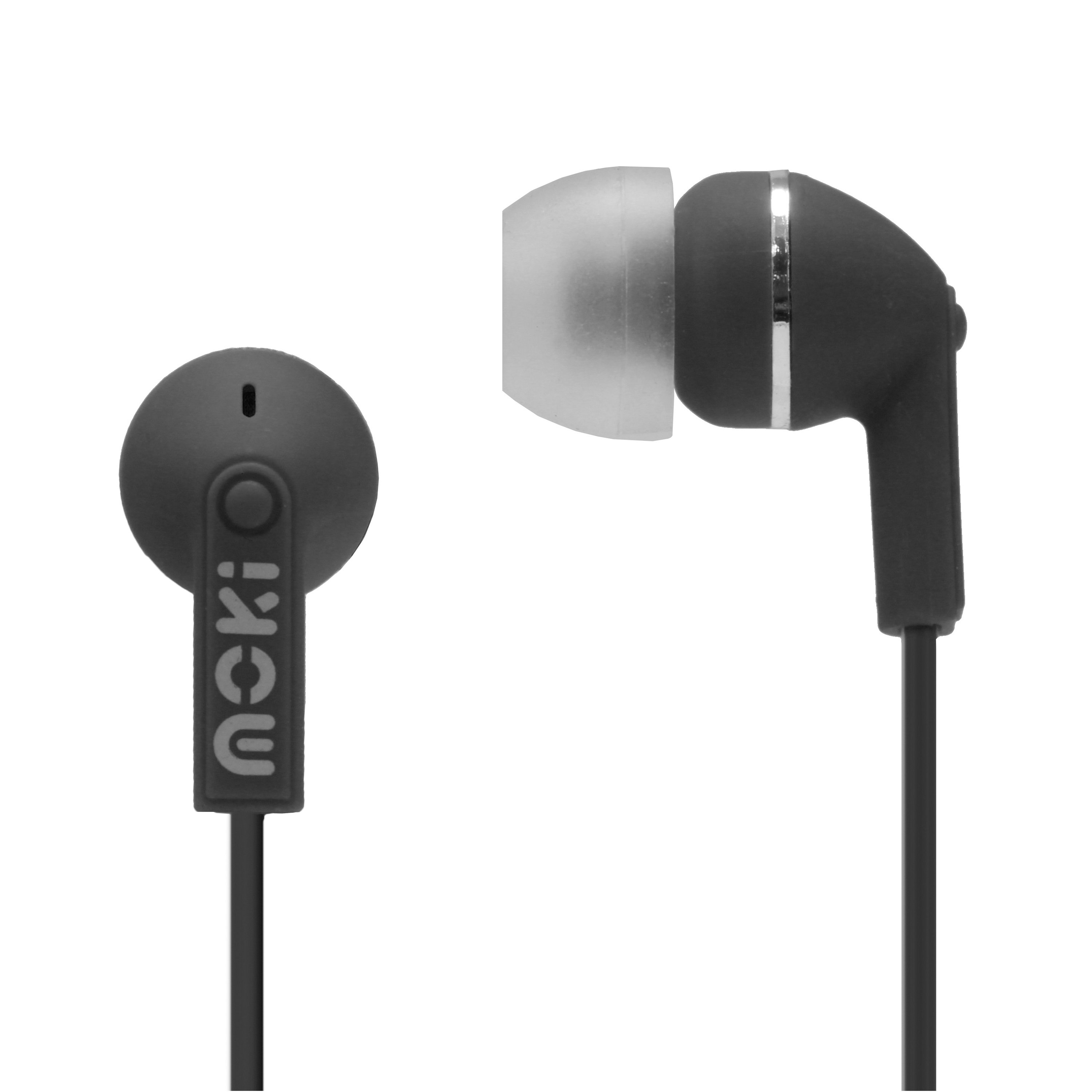 MOKI Dots Noise Isolation Earbuds in black, showcasing their compact design and silicone ear tips.