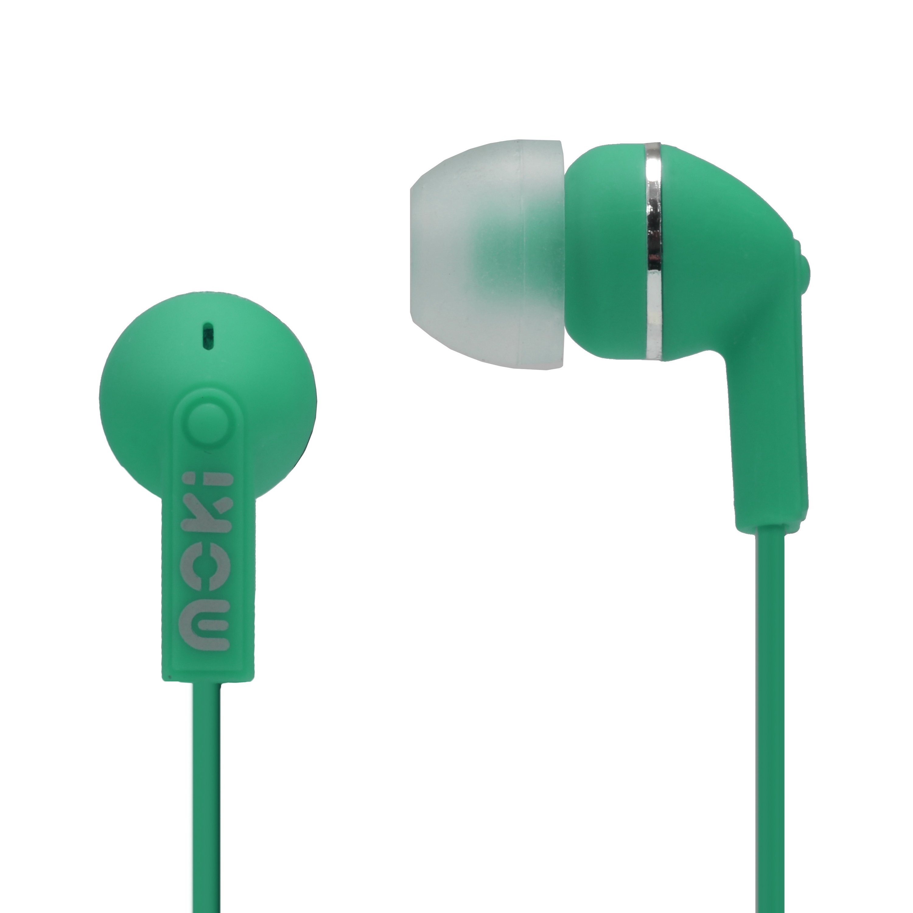 MOKI Dots Noise Isolation Earbuds in green, showcasing their compact design and silicone ear tips for comfort.