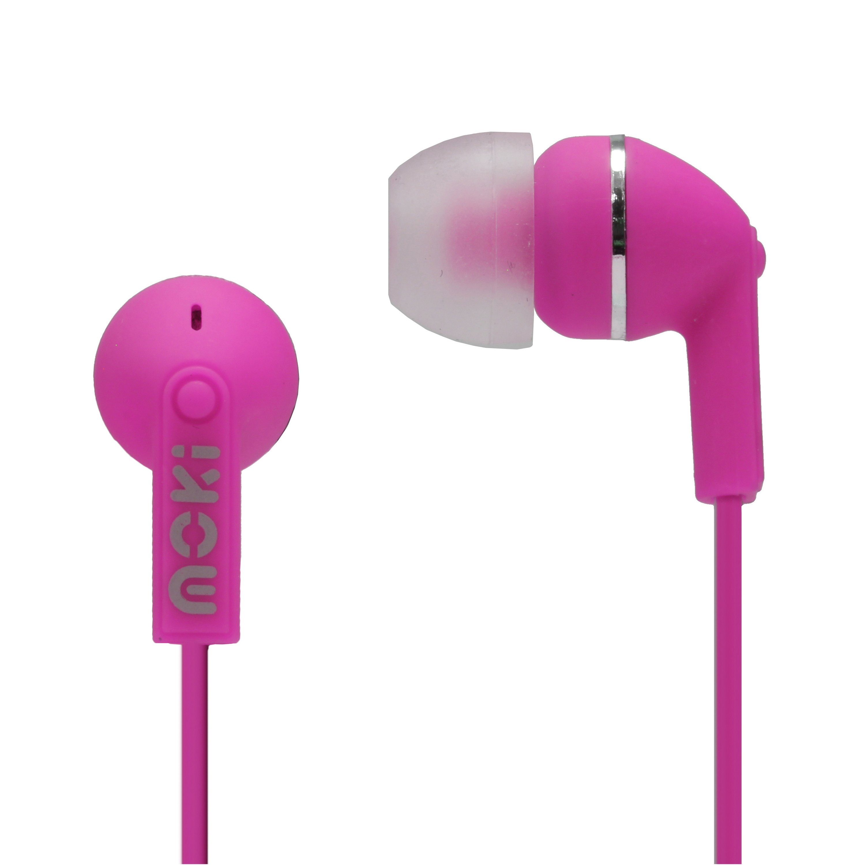 MOKI Dots Noise Isolation Earbuds in pink, featuring soft silicone tips and a compact design for comfort and sound quality.