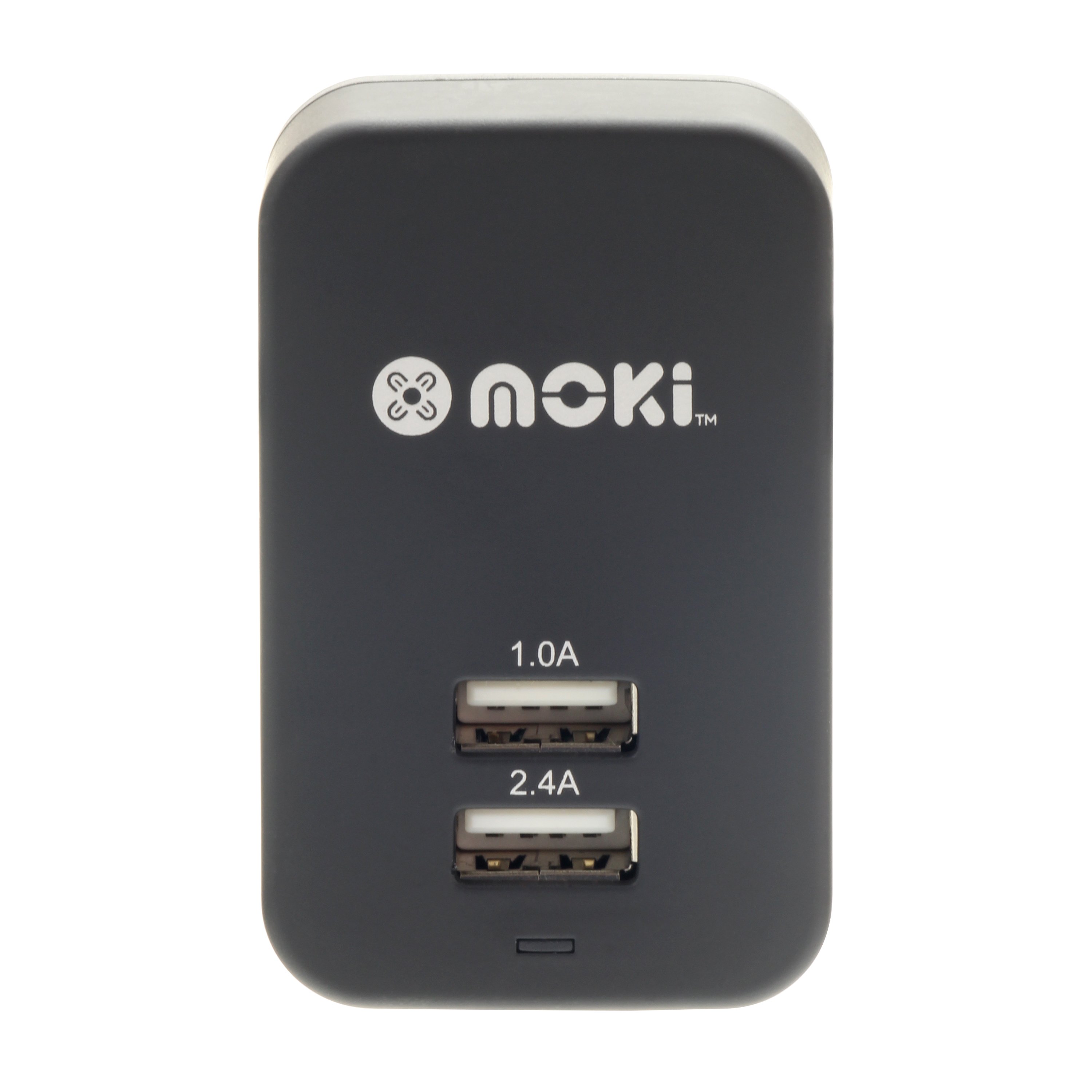 MOKI Dual USB Wall Charger in black, featuring two USB ports for simultaneous charging of devices.