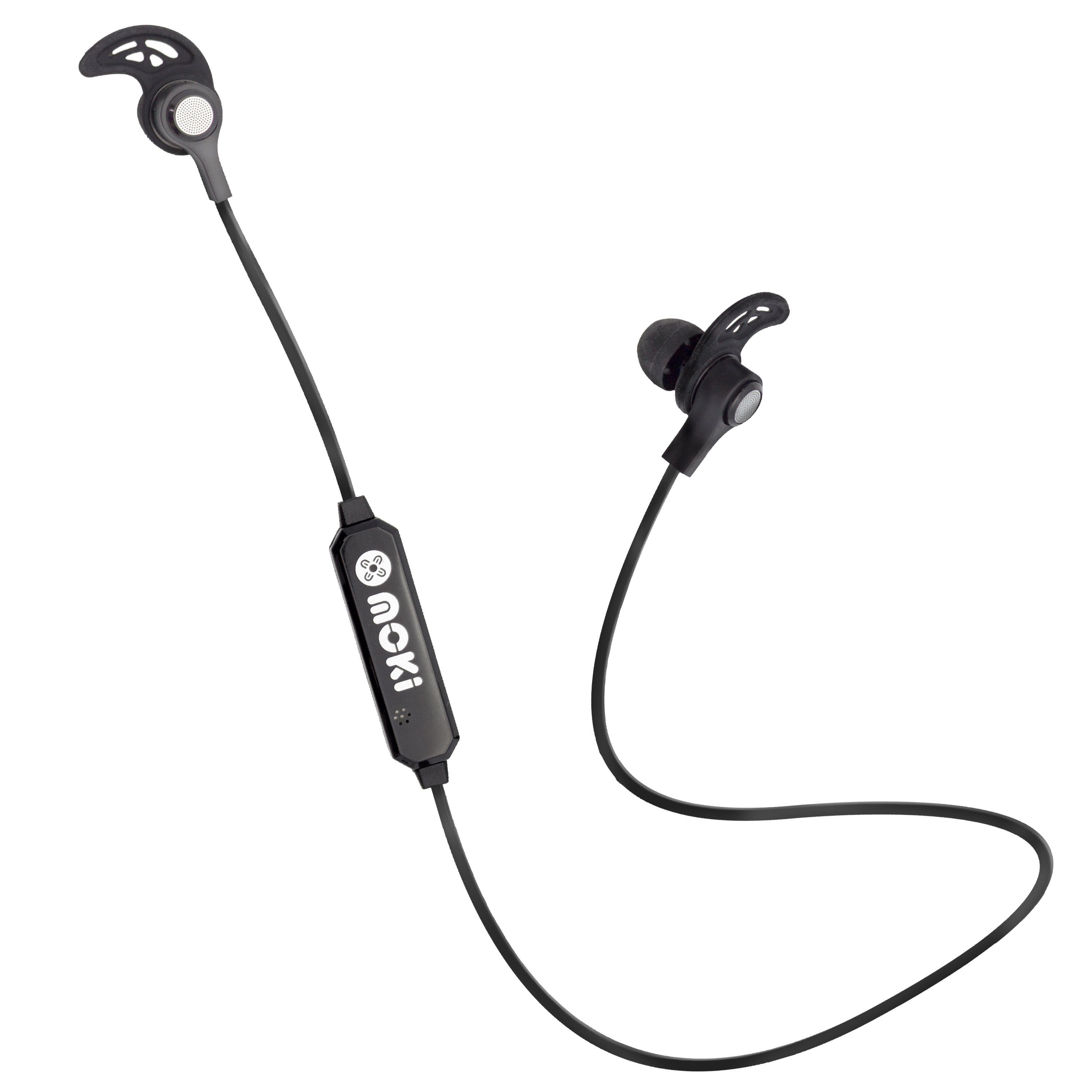 MOKI Exo Bluetooth Sports Earbud in black, showcasing its sleek design and comfortable fit for active use.