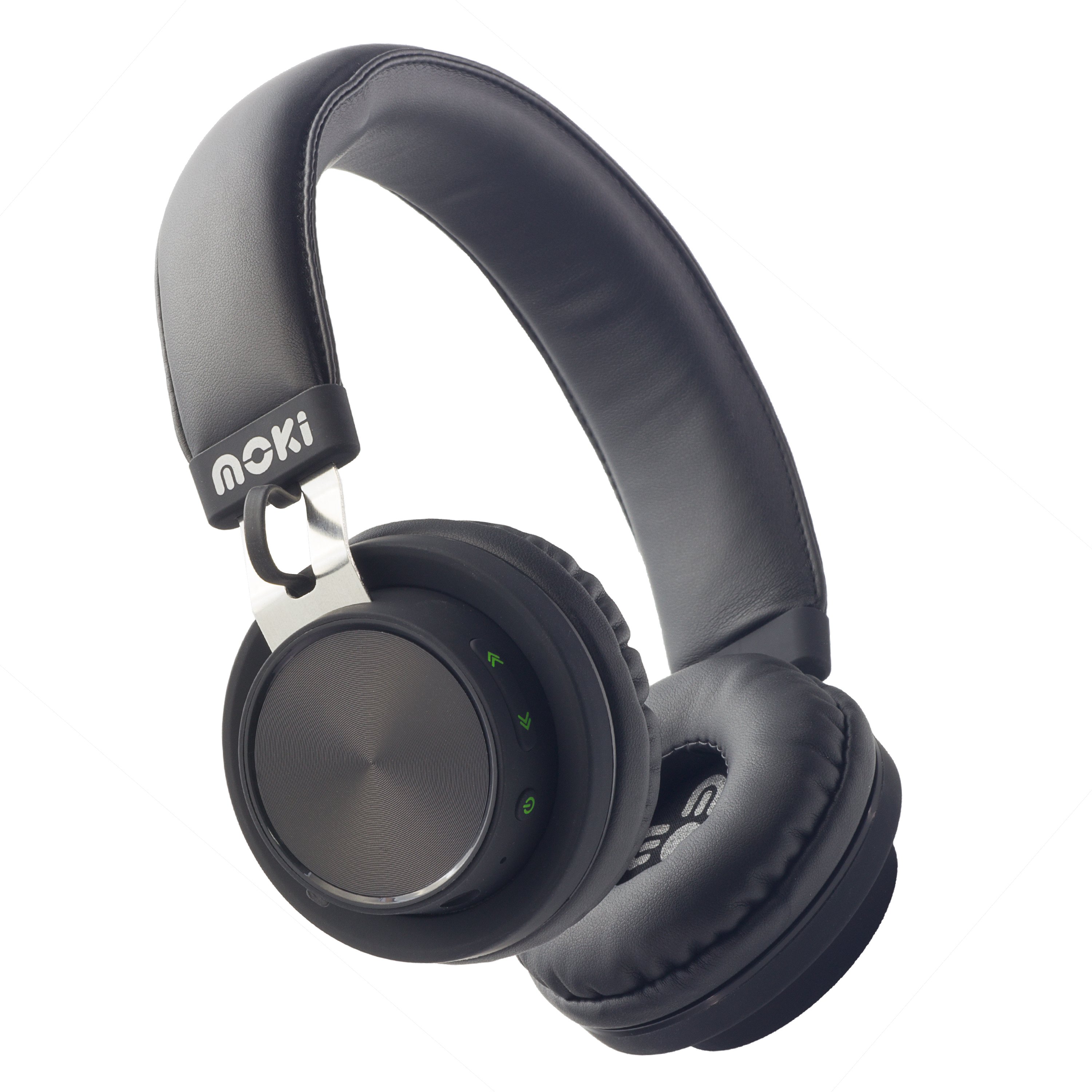 MOKI Exo Prime Bluetooth Headphones in black, showcasing adjustable headband and ear cup controls.