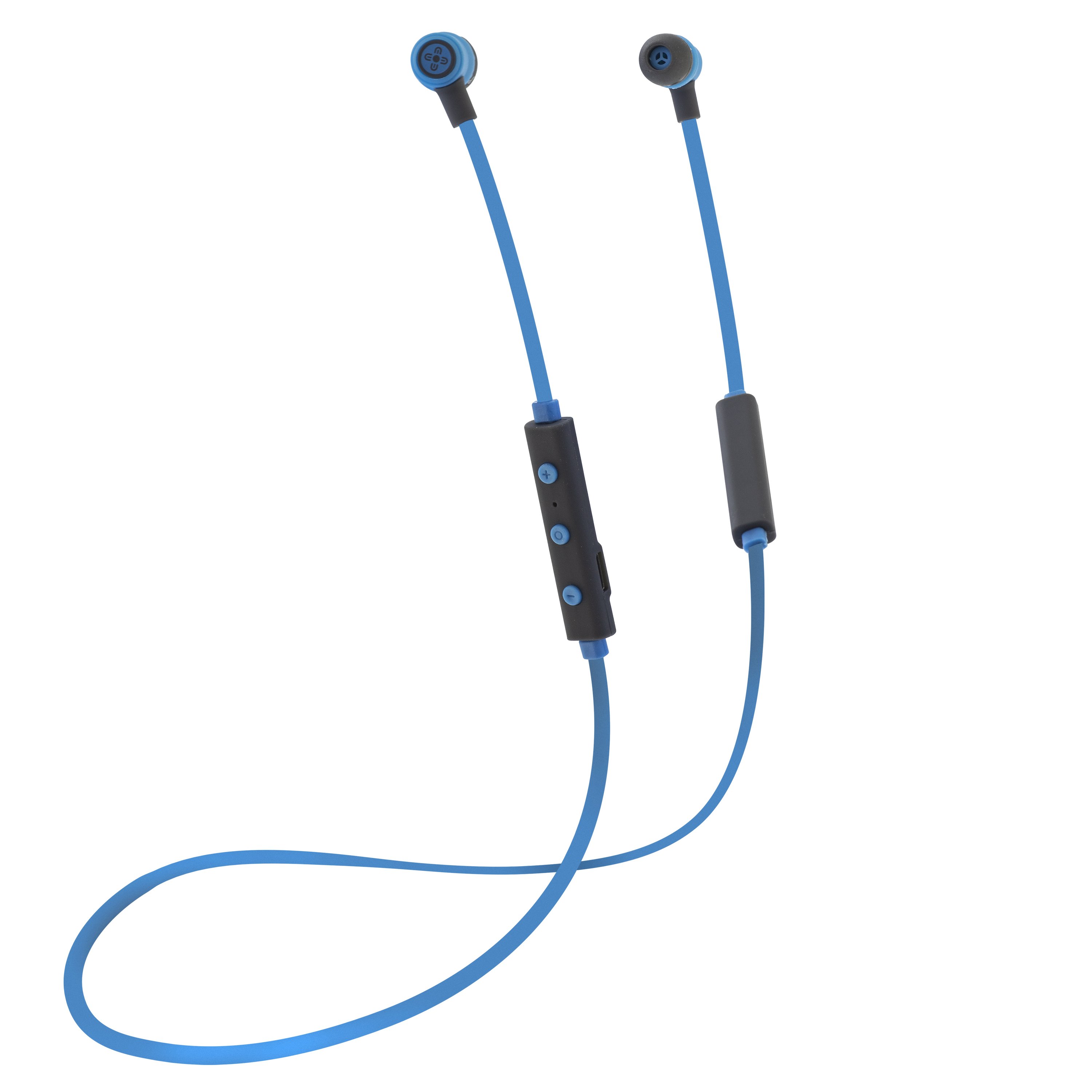 MOKI FreeStyle Bluetooth Earphones in blue, showcasing a minimalistic design and control panel.