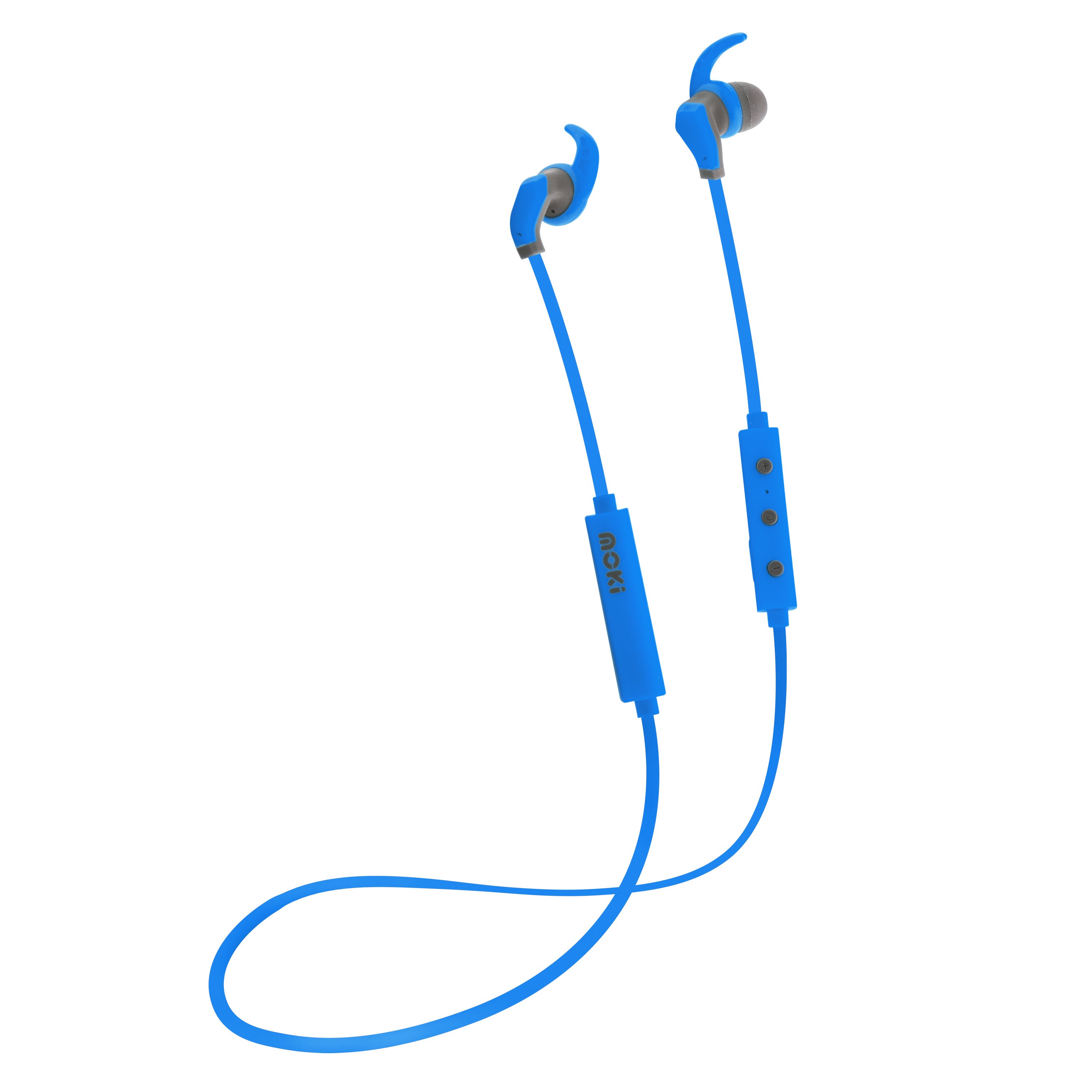 MOKI Hybrid Bluetooth Earphones in blue, featuring a secure-fit design and silicone earbuds for comfort during sports activities.