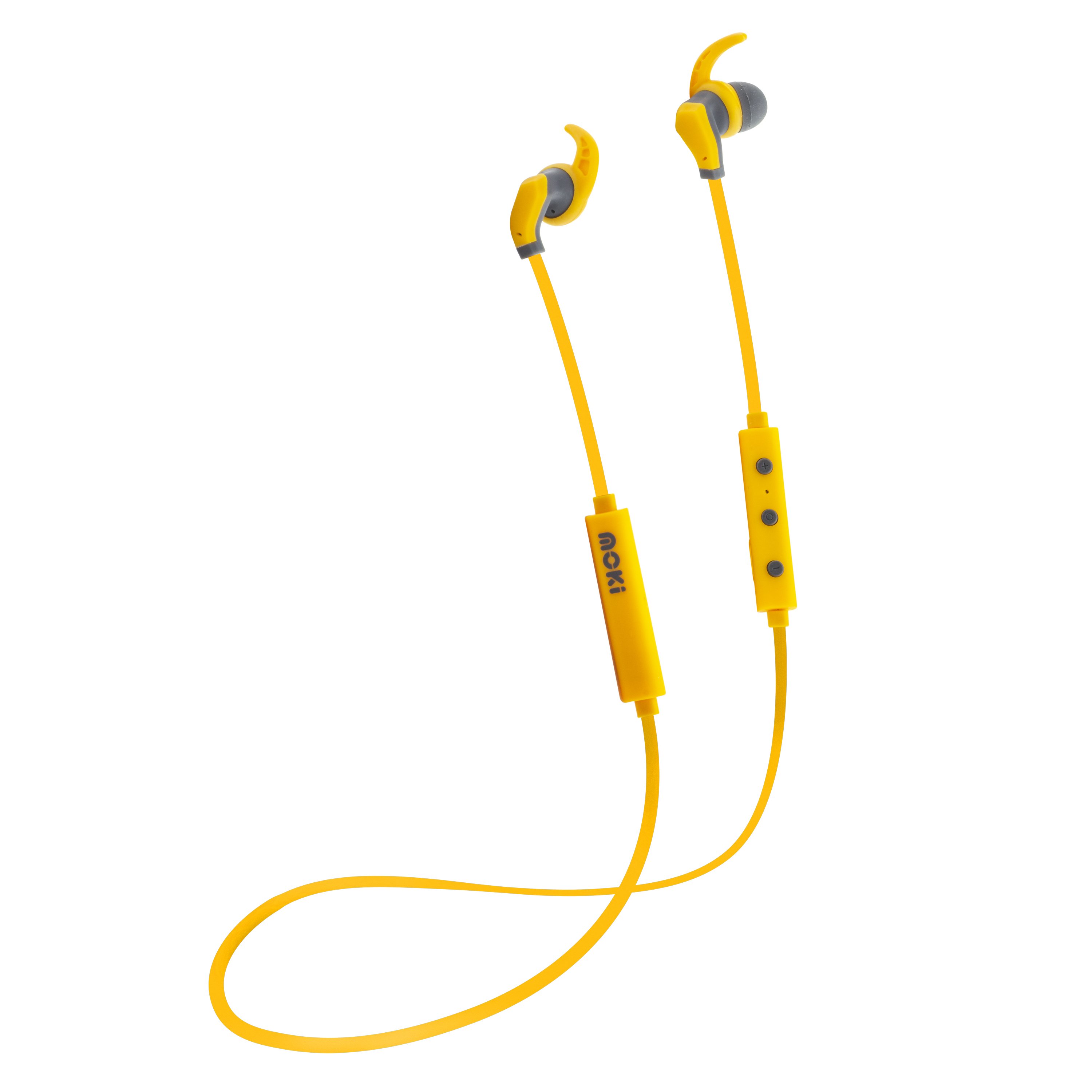 MOKI Hybrid Bluetooth Earphones in yellow with soft silicone earbuds and control panel.