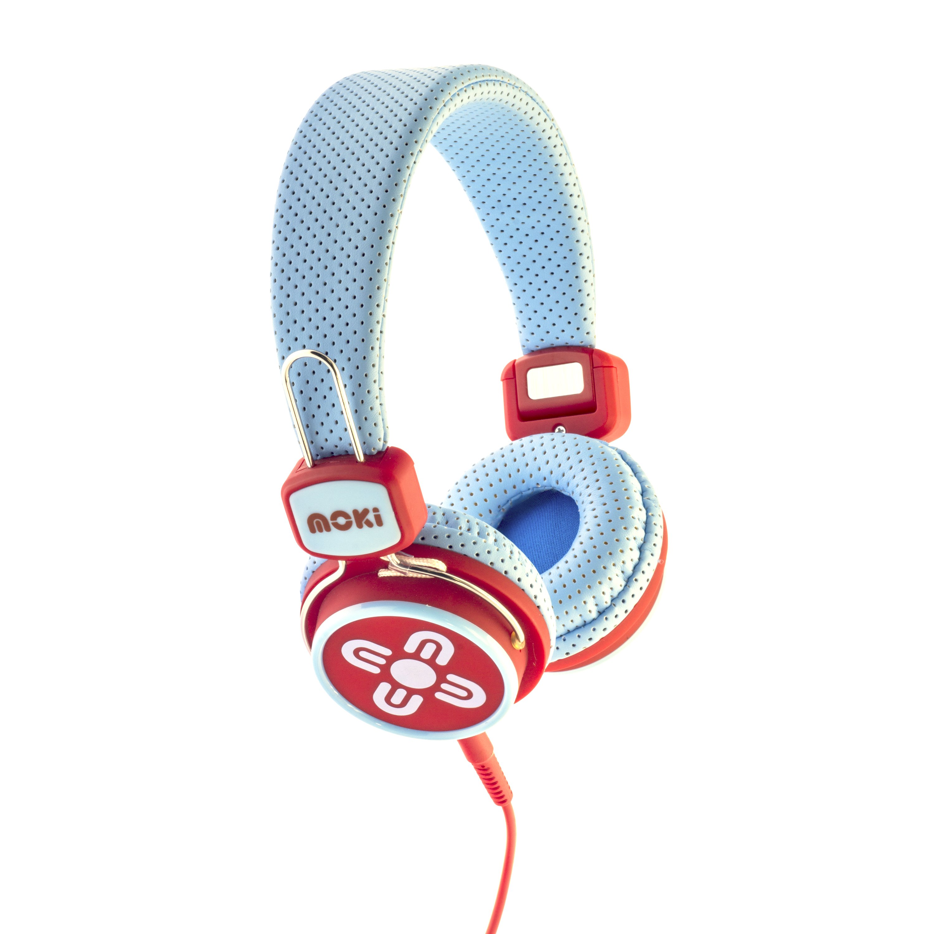 MOKI Kids Safe Volume Limited Headphones in Blue and Red, designed for children's comfort and safety with padded ear cups and flexible headband.