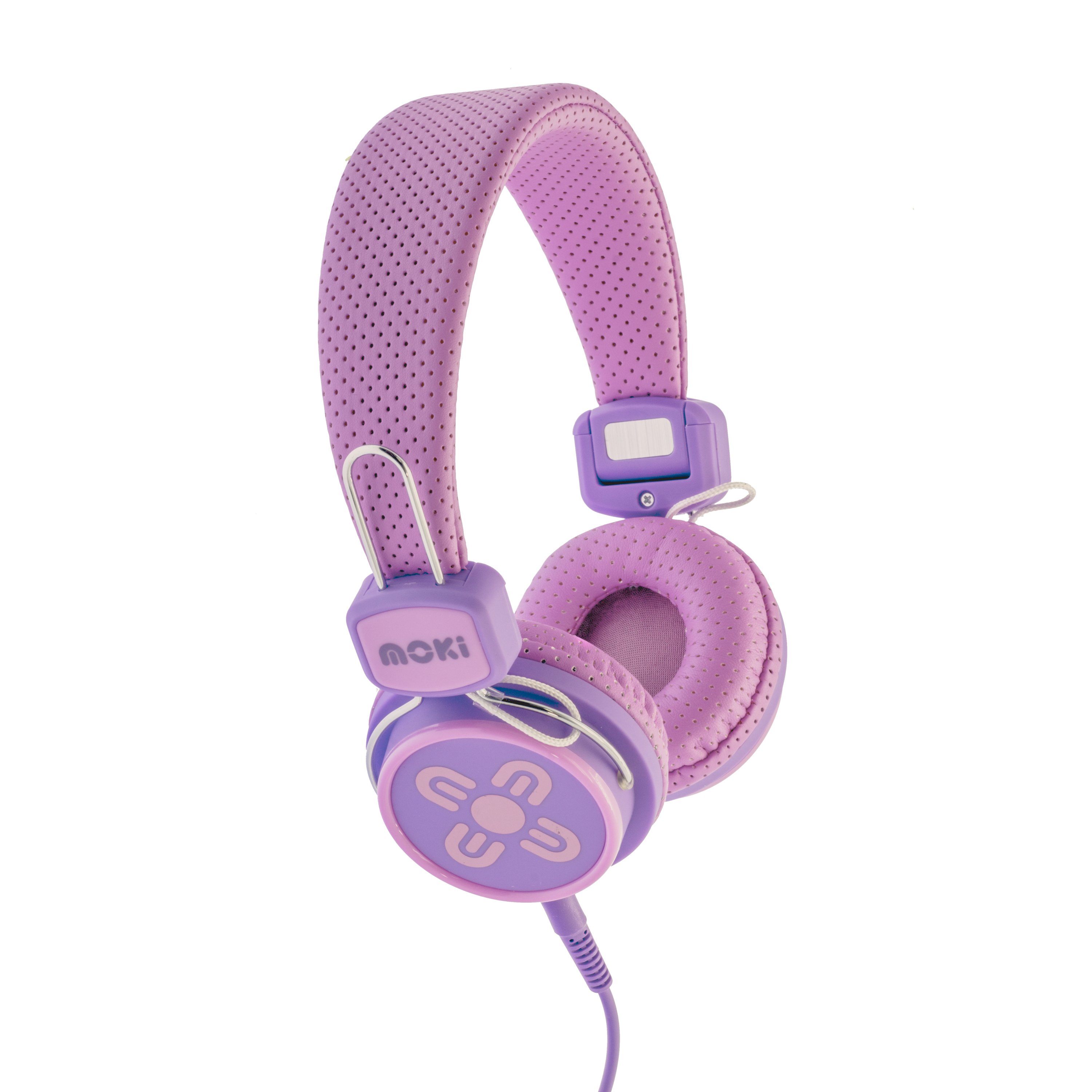 MOKI Kids Safe headphones in pink and purple, designed for children with padded ear cups and a flexible headband.