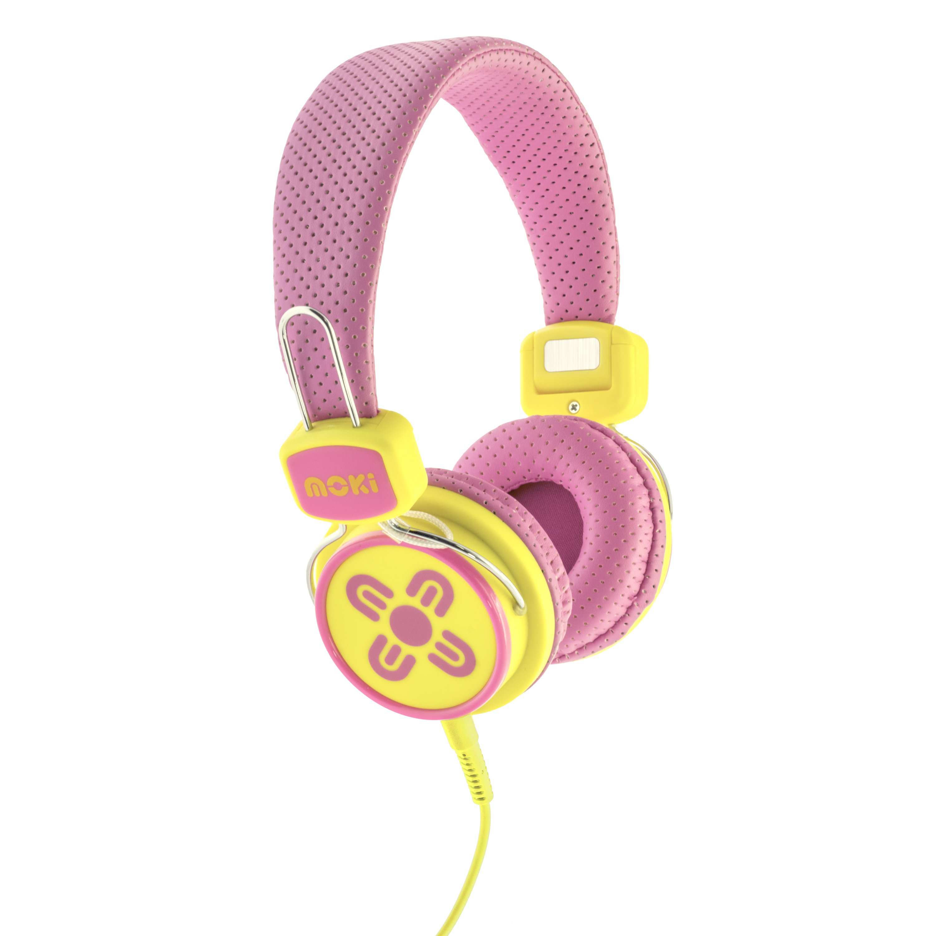 MOKI Kids Safe Volume Limited Headphones in Pink and Yellow, designed for children's comfort and safety.