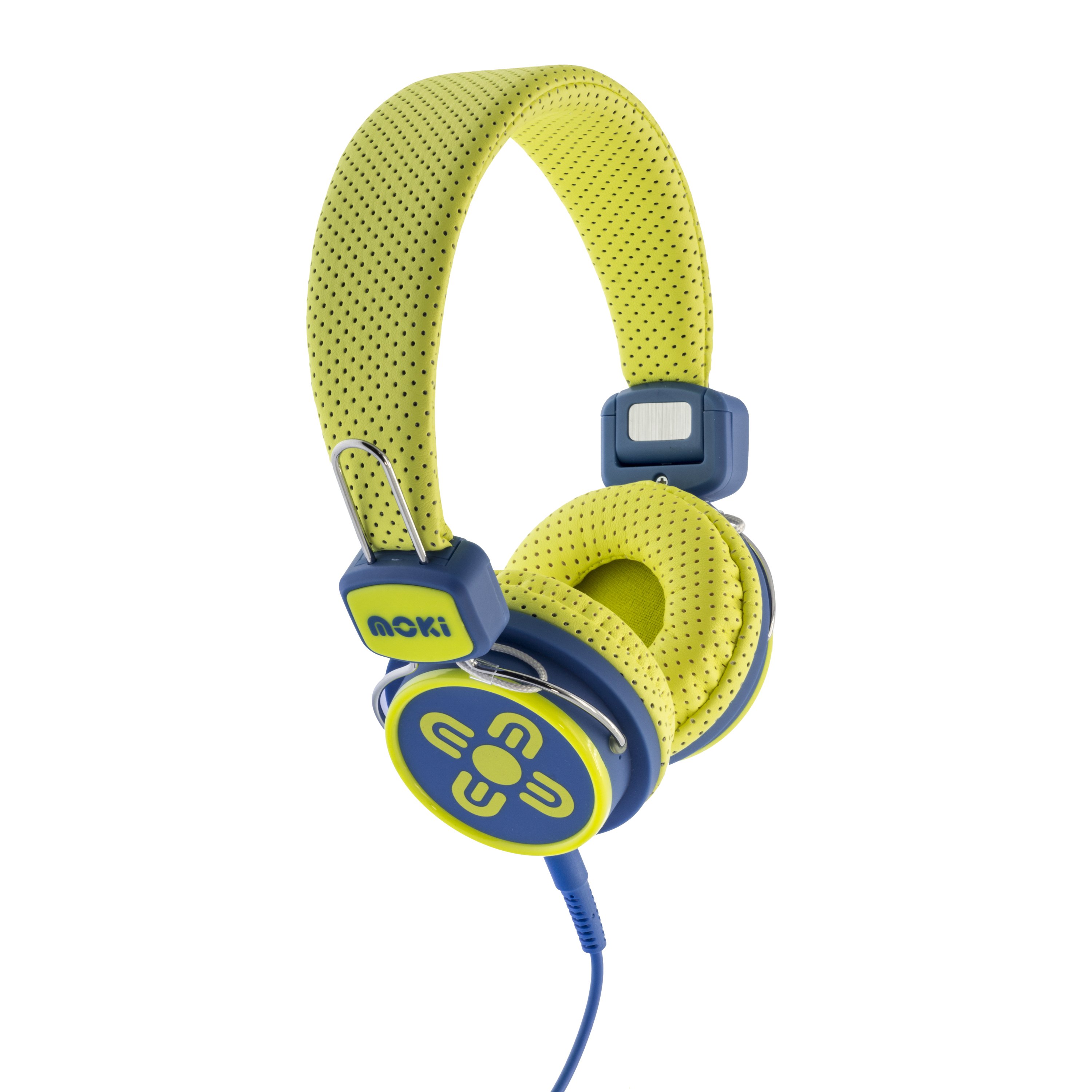 MOKI Kids Safe headphones in yellow and blue, designed for children with padded ear cups and a flexible headband.