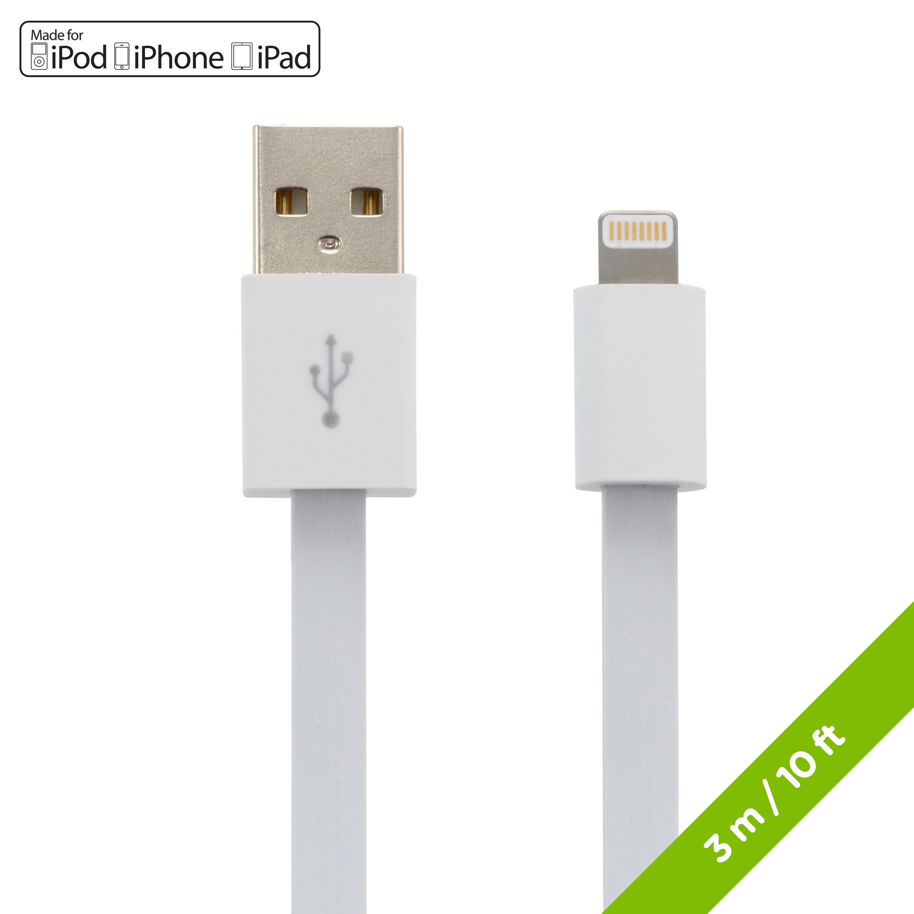 MOKI King Size Lightning SynCharge Cable in white, 3 meters long, designed for charging and syncing Lightning iDevices.