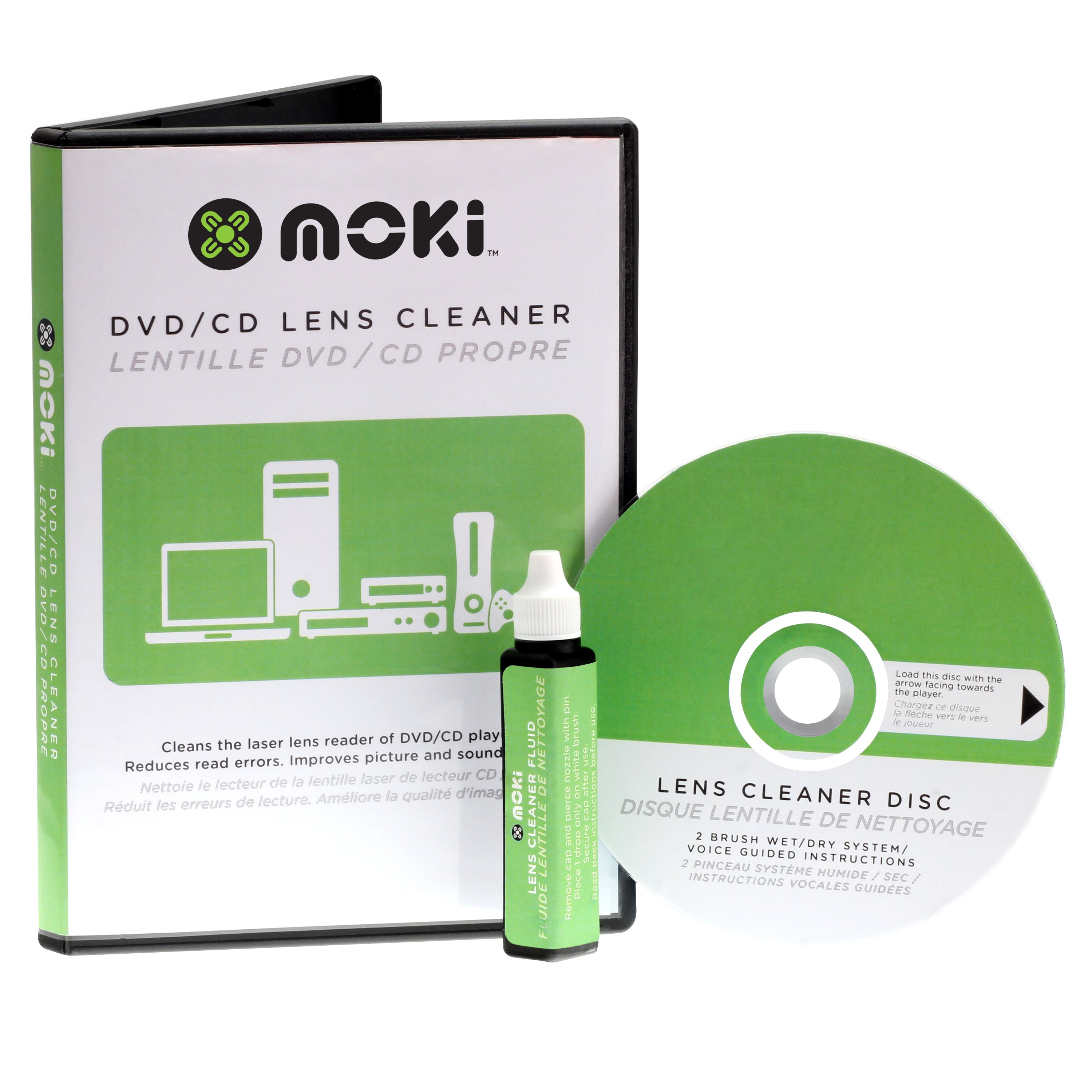 MOKI Lens DVD/CD Laser Lens Cleaner with cleaning disc and fluid for optimal device maintenance.