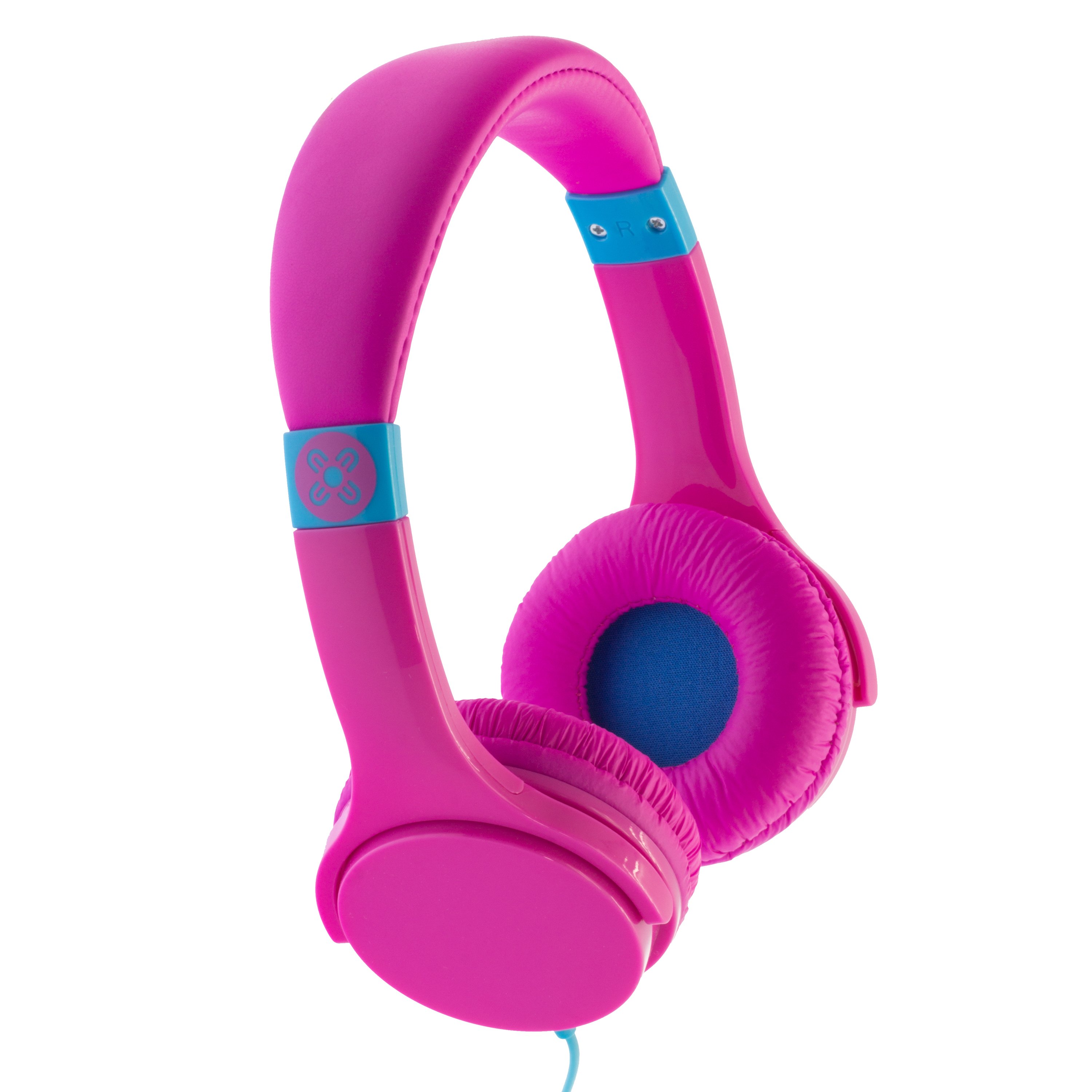 MOKI Lil' Kids Headphones in Pink with soft padded ear cups and adjustable headband, designed for comfort and safety.