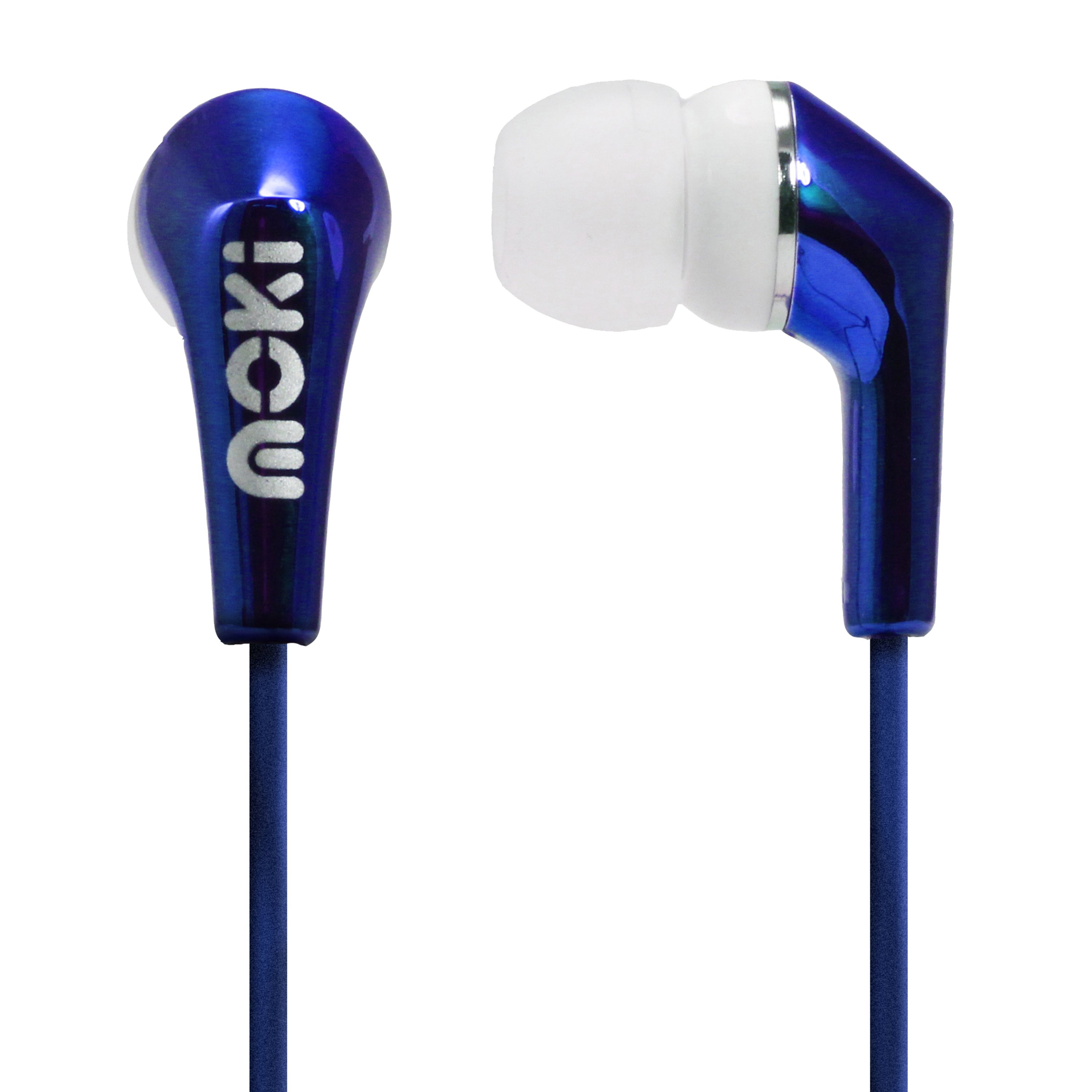 MOKI Metallics Earphone in blue with a shiny metallic finish, featuring silicone buds for noise isolation.