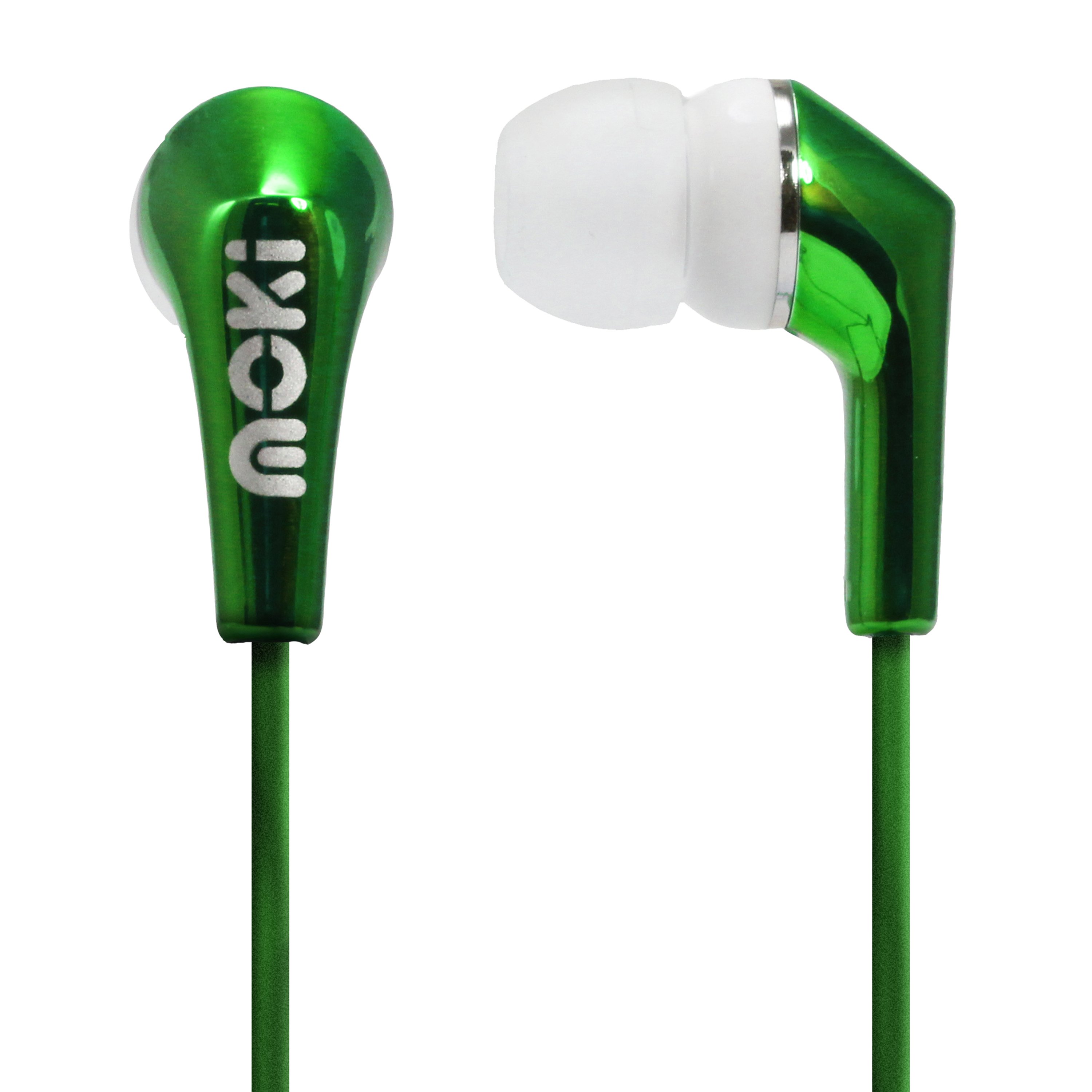 MOKI Metallics Earphone in vibrant green with a sleek metallic finish, featuring soft silicone ear tips for comfort and noise isolation.