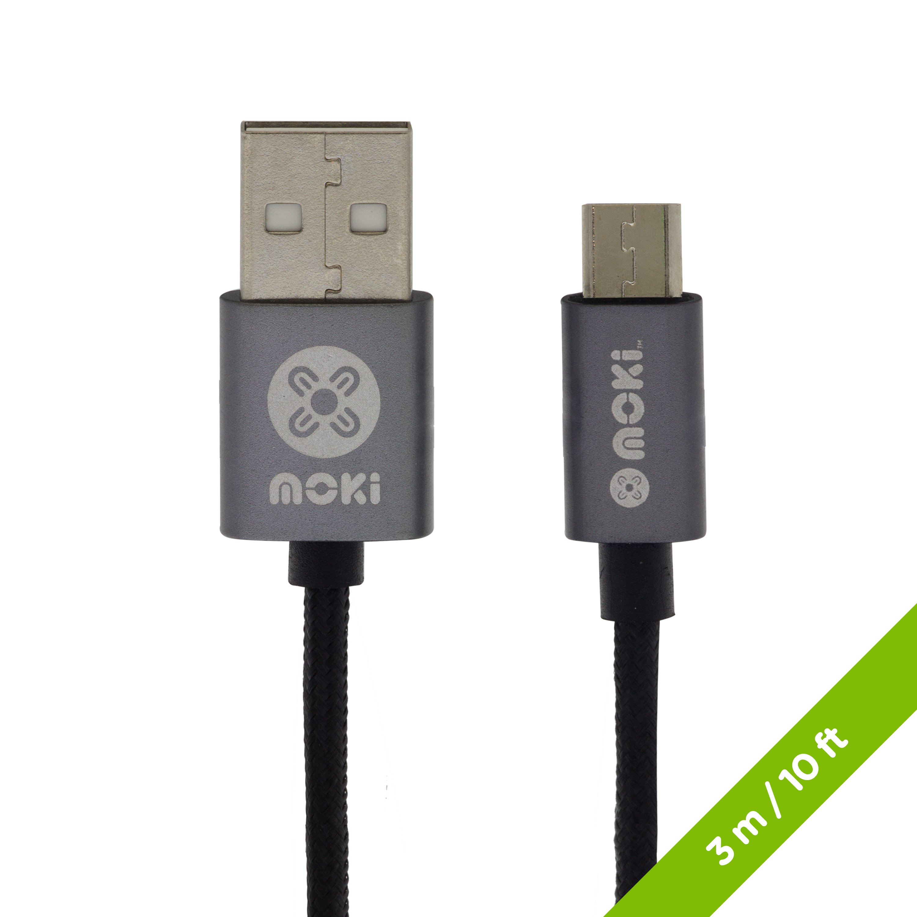 MOKI Micro King Size Cable with metal tip, 3m long, braided design, ideal for charging and syncing devices.