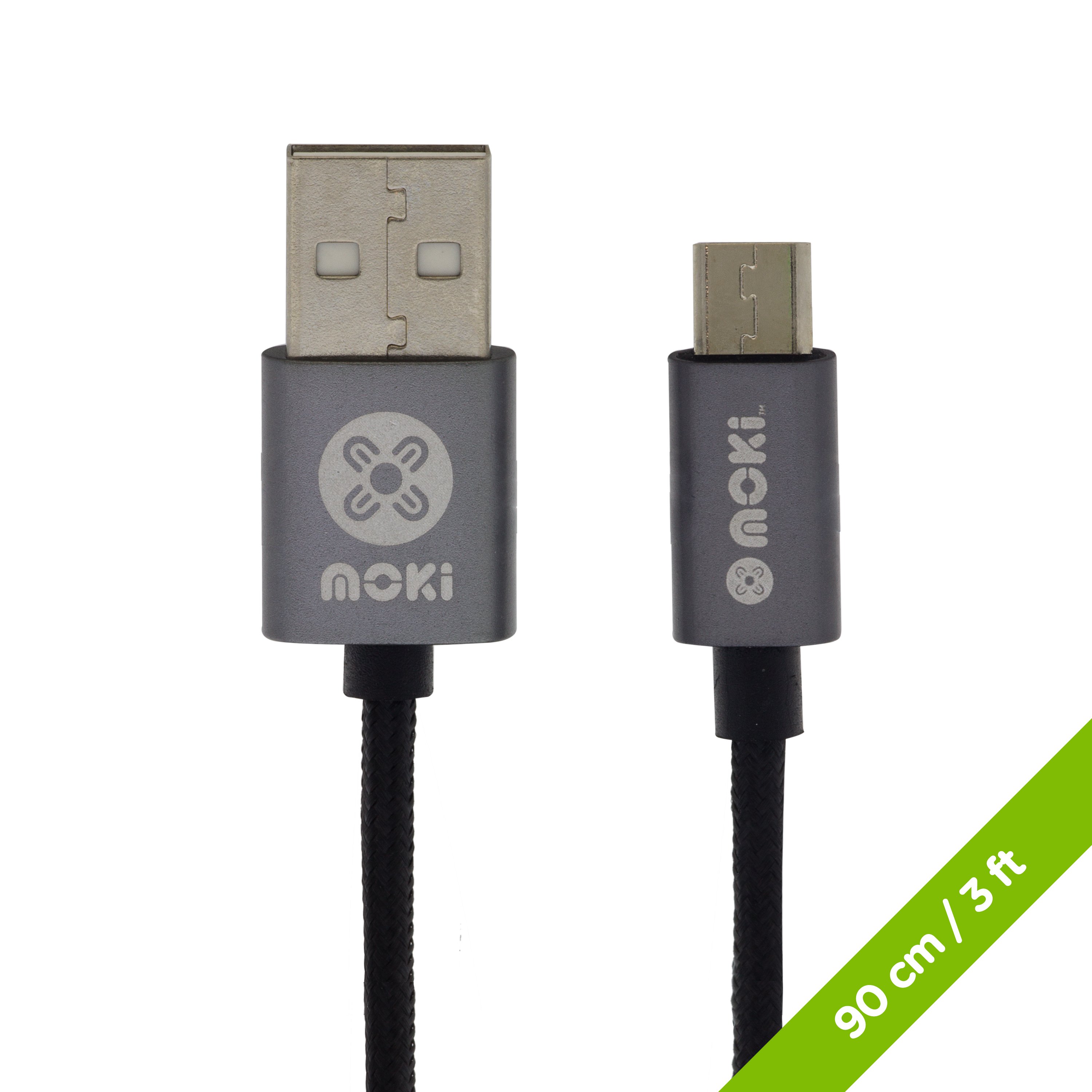 MOKI Micro-USB SynCharge Cable in black with gun metal housing, 90cm long, featuring a braided design for durability.