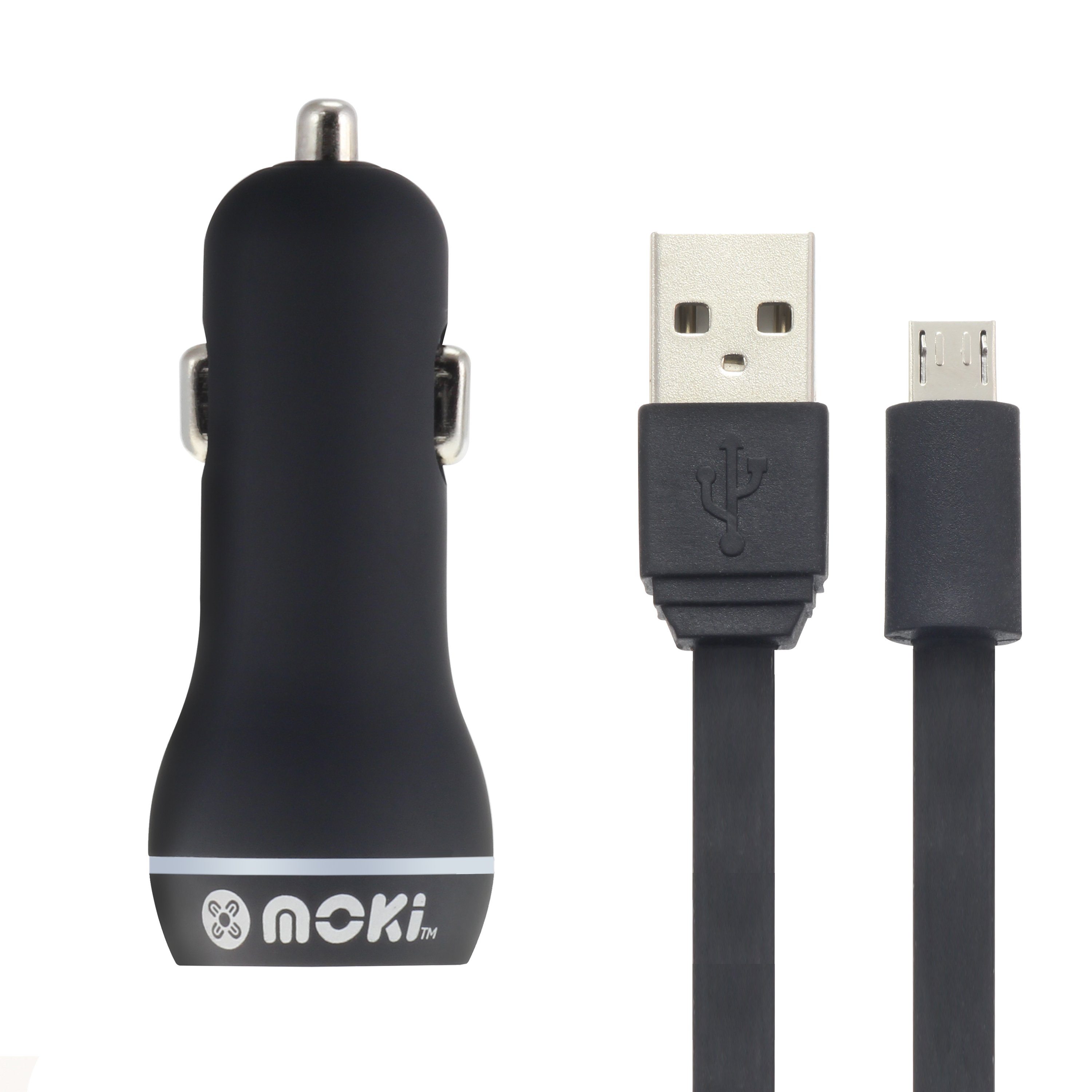 MOKI Micro-USB SynCharge Cable with Dual USB Car Charger, featuring a flat design and 90cm length for easy use.