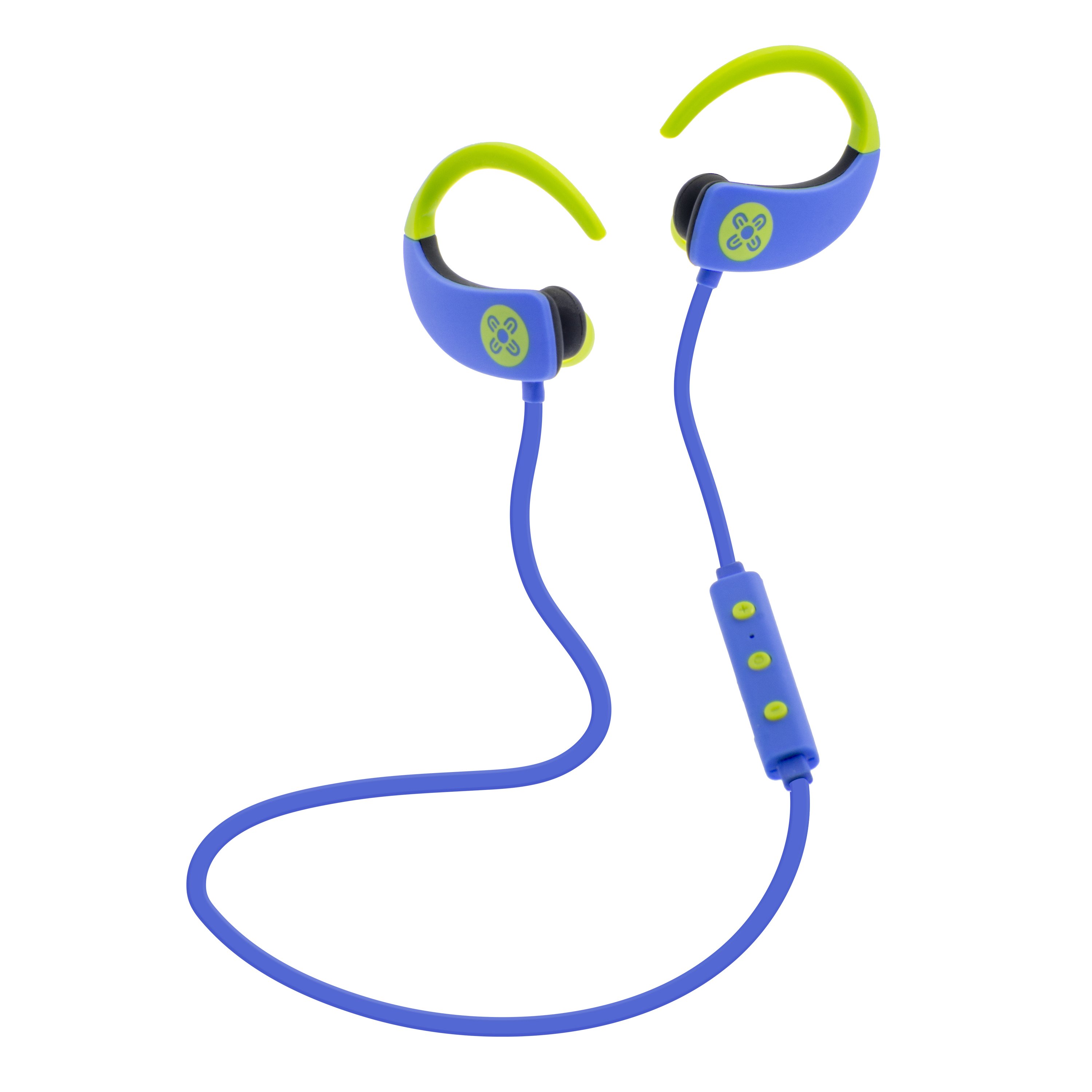 MOKI Octane Bluetooth Earphones in Blue with a full ear wrap design, showcasing silicone earbuds and control panel.