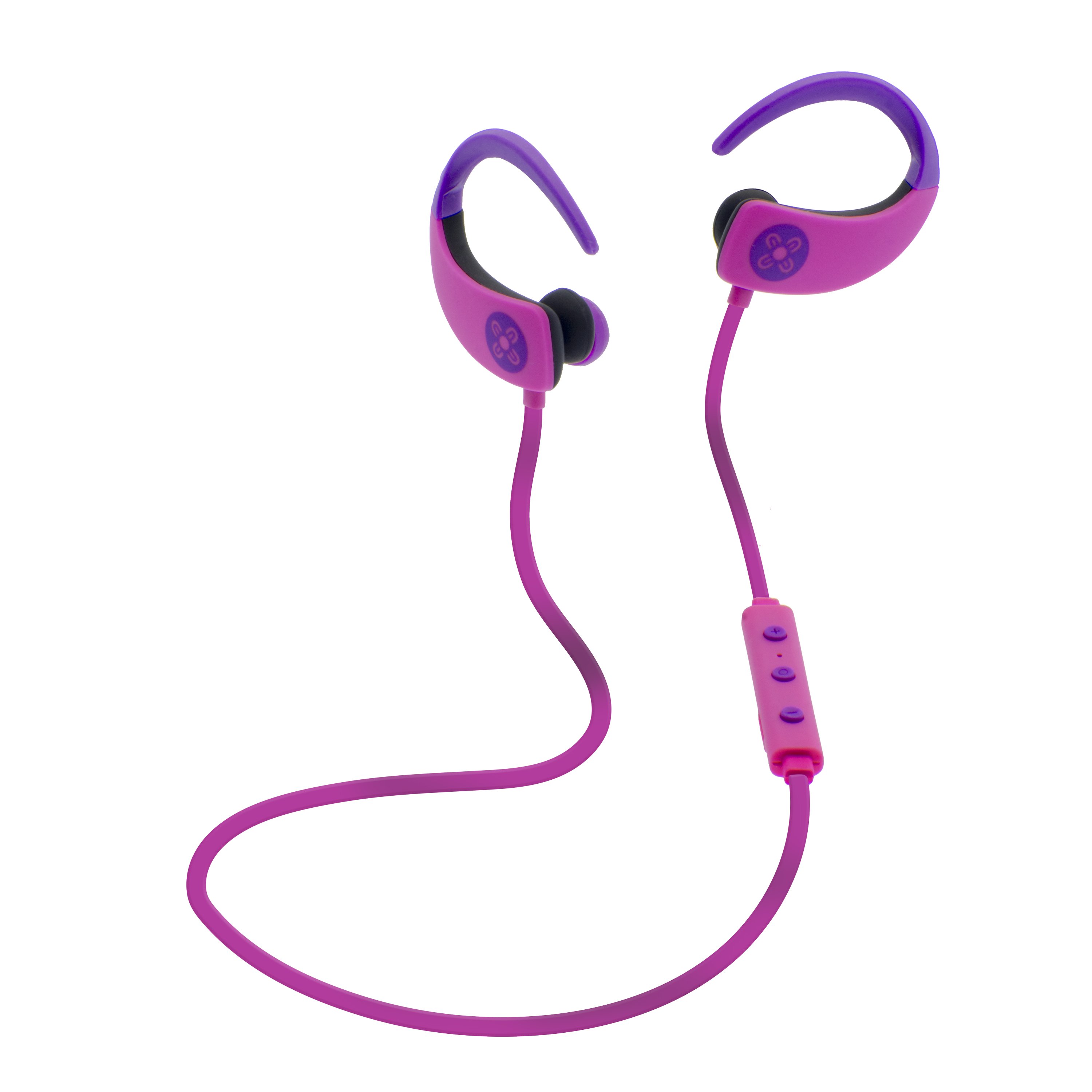 MOKI Octane Bluetooth Earphones in Pink with a full ear wrap design, showcasing soft silicone earbuds and control panel.