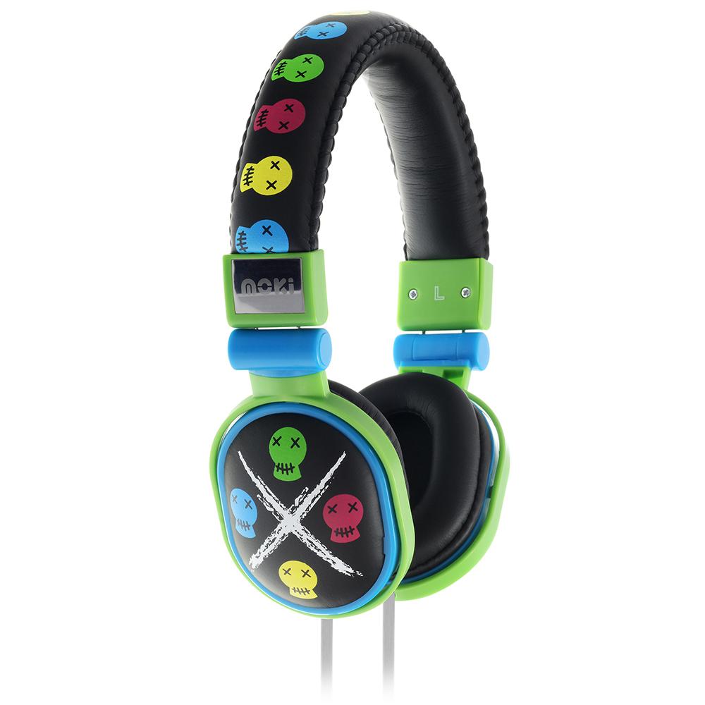 Moki Popper Skull Black DJ headphones featuring soft cushioned ear pads and adjustable headband for comfort.