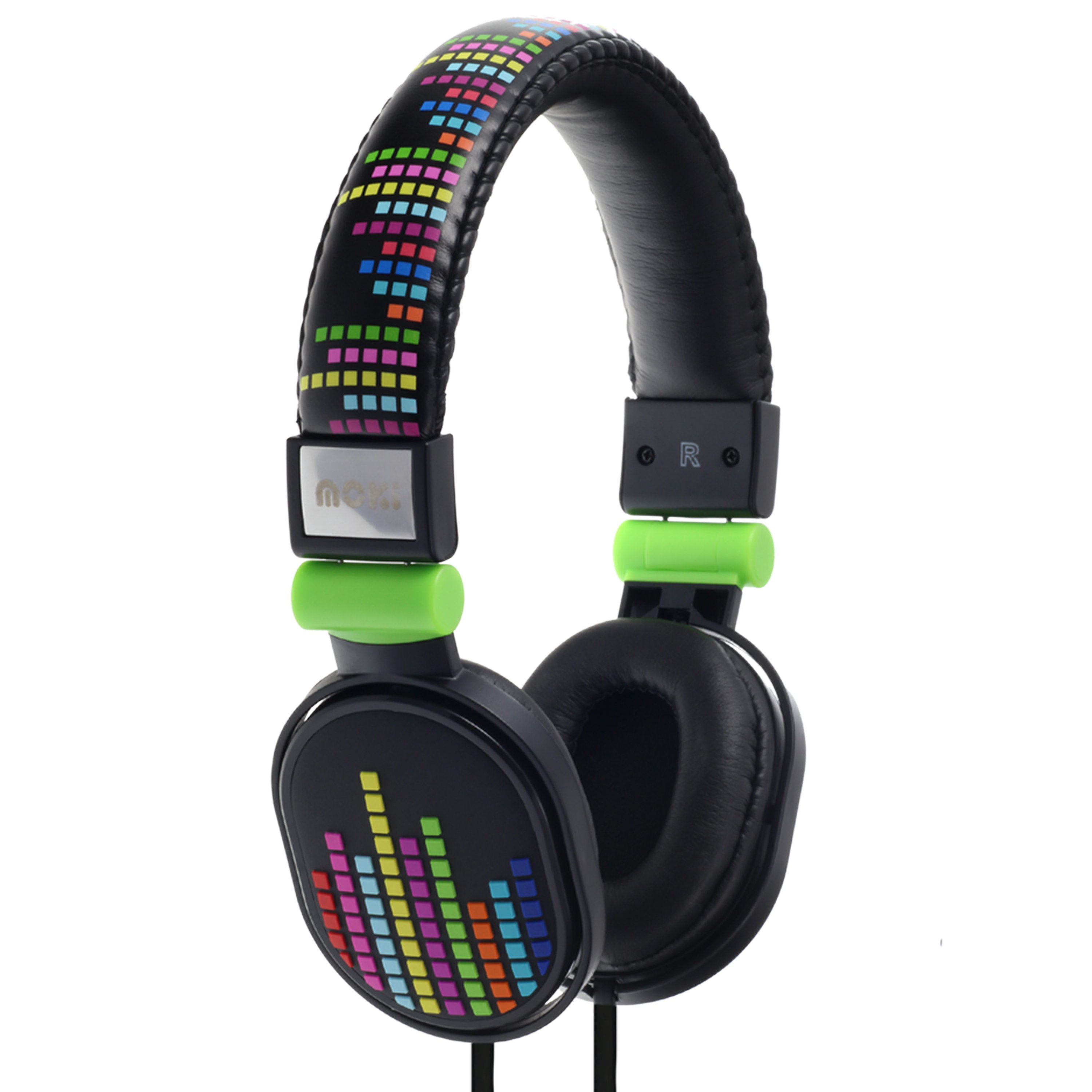 MOKI Poppers - Levels Black soft cushioned DJ style headphones with swivel earcups and flat cable.