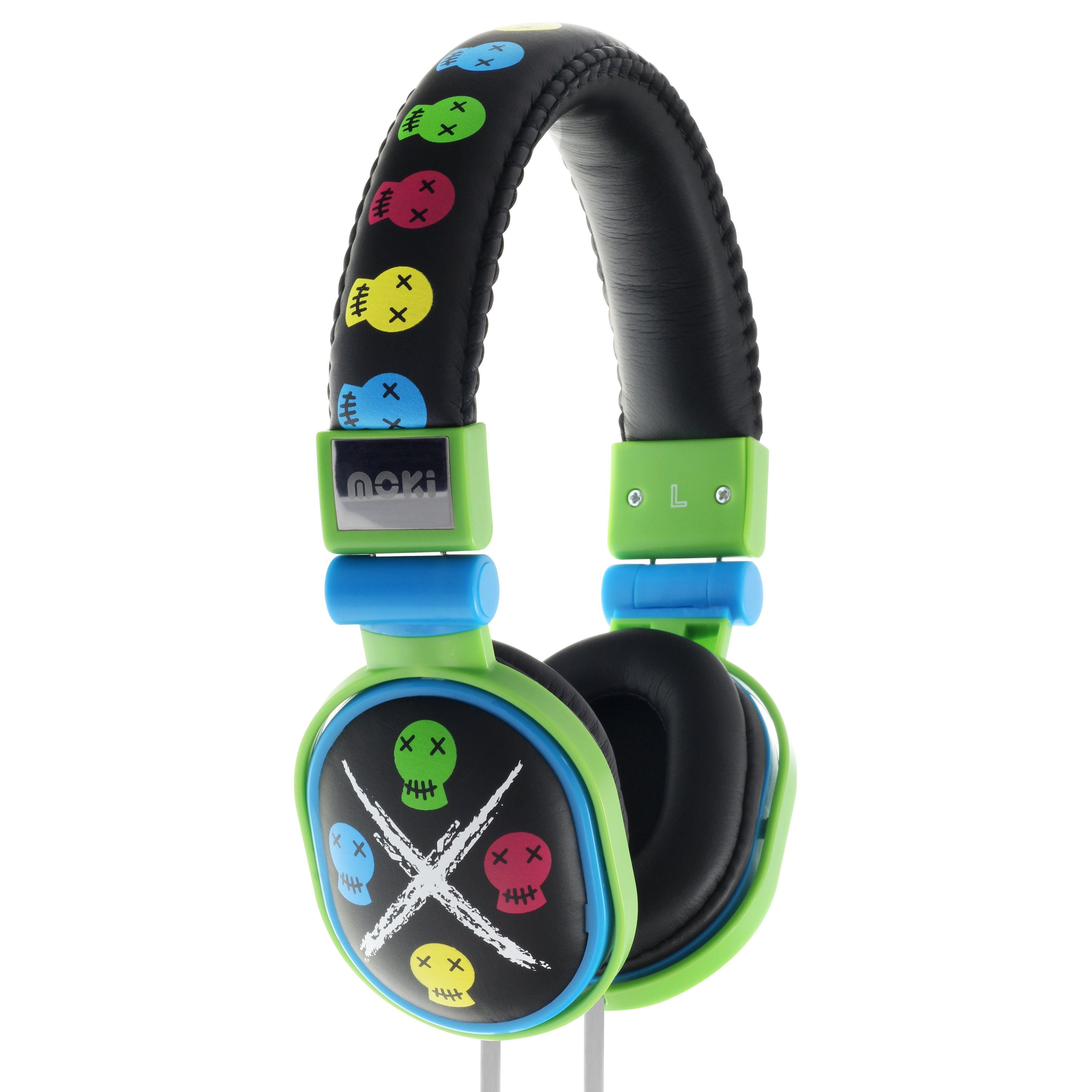 MOKI Poppers Skull Black DJ headphones with soft cushioned earcups and stylish design.