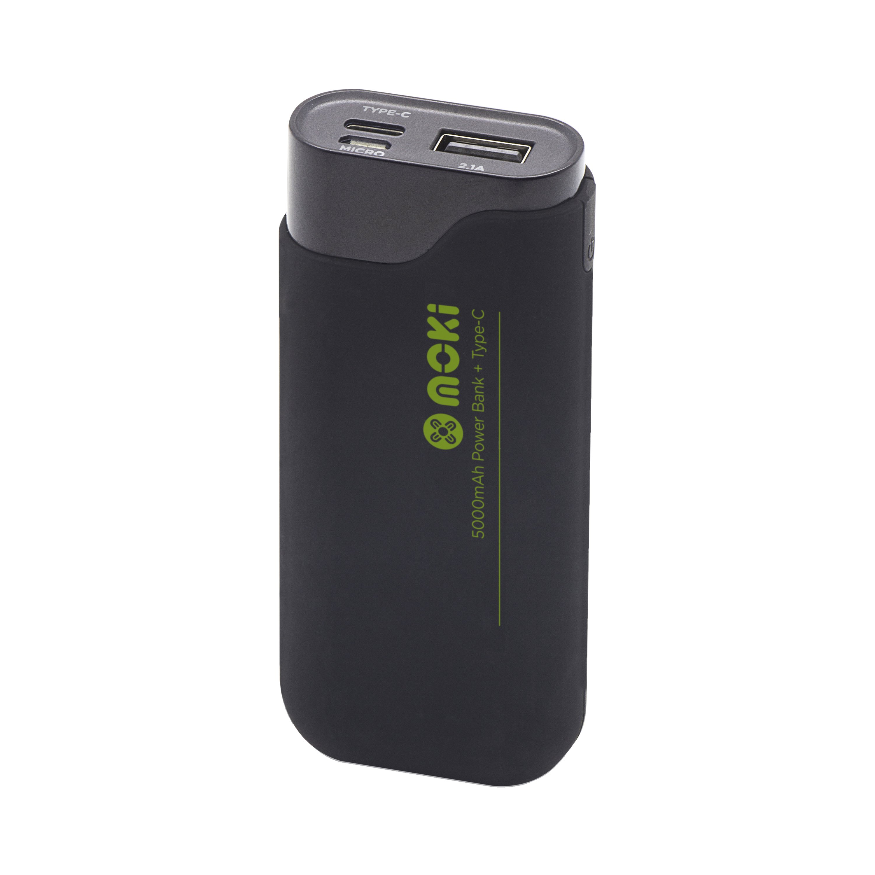 MOKI PowerBank 5000mAh with Type-C and USB connections, showcasing its sleek design and power indication feature.