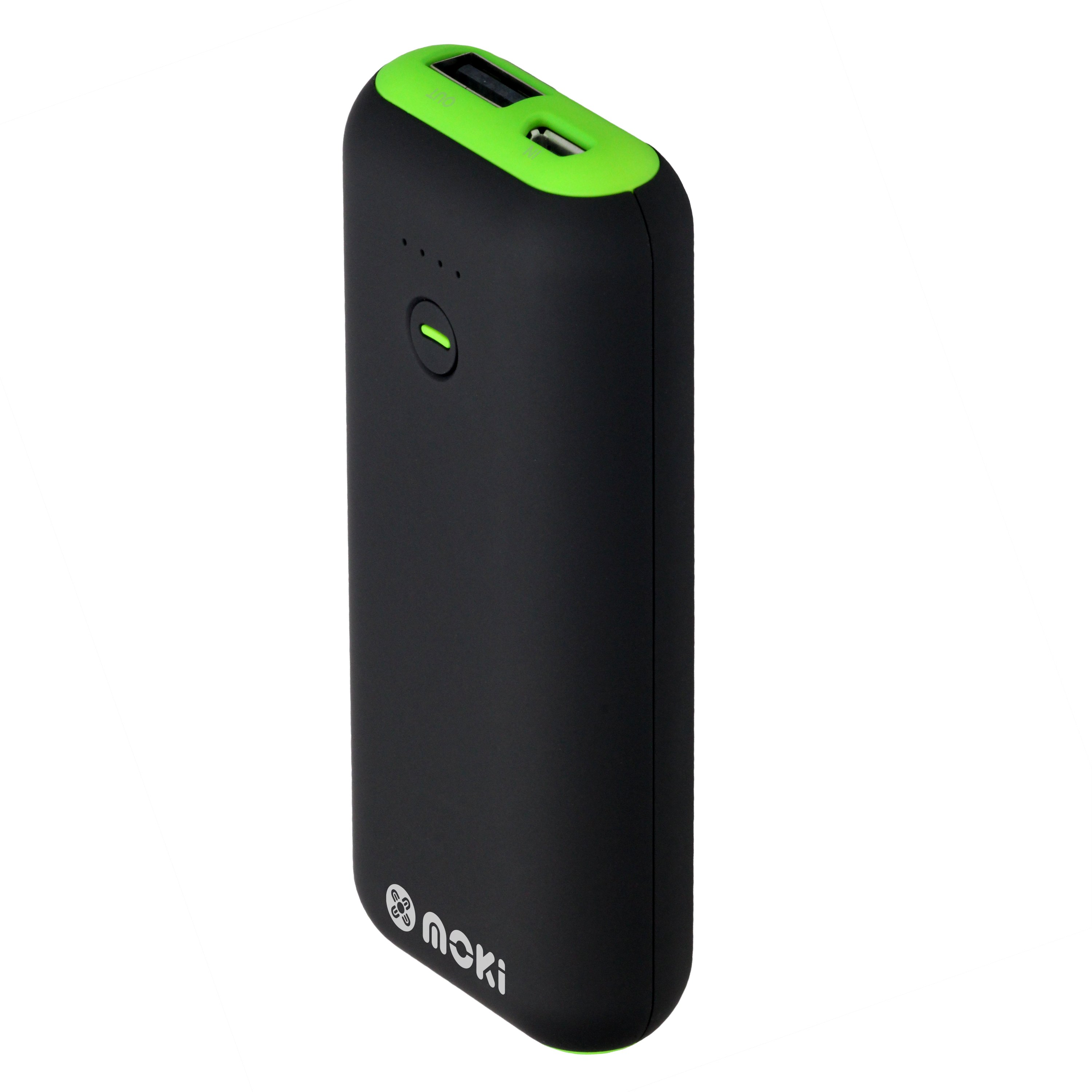 MOKI PowerBank 5200 Black, a compact portable charger with USB compatibility, ideal for charging smartphones on-the-go.