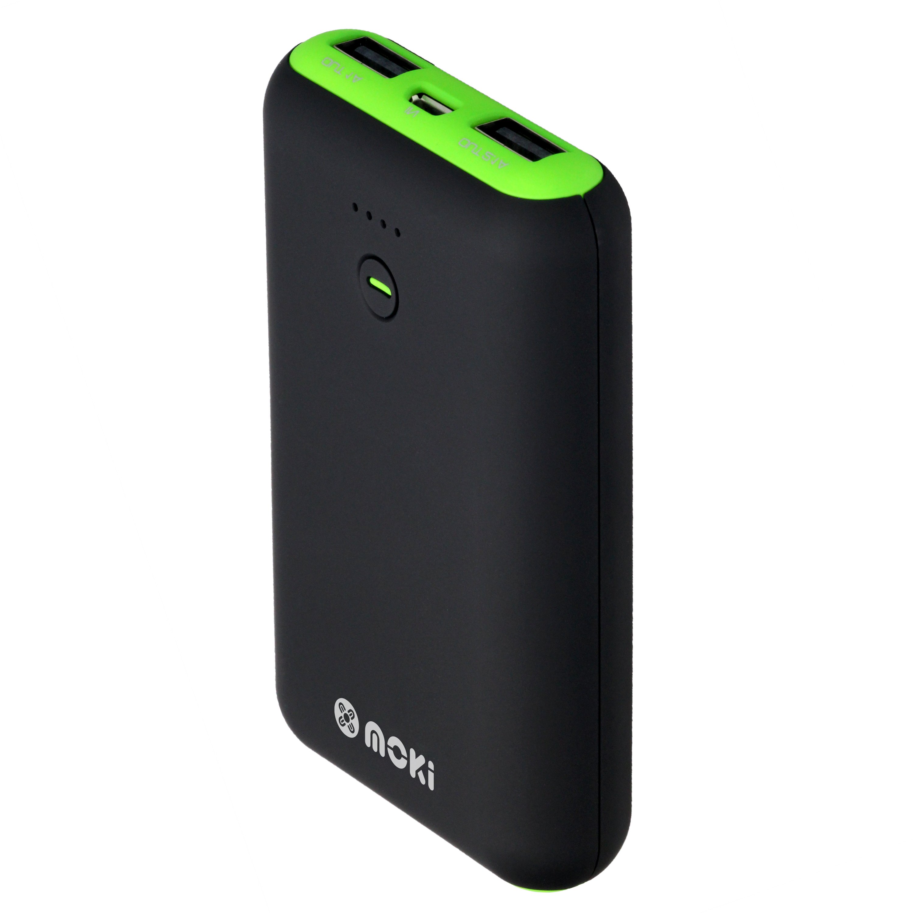 MOKI PowerBank 7800 Black, a portable USB charger with dual outputs and compact design.