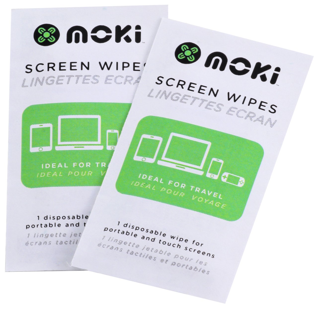 A pack of Moki Screen Wipes containing 10 individual wipes, designed for cleaning screens and electronics.