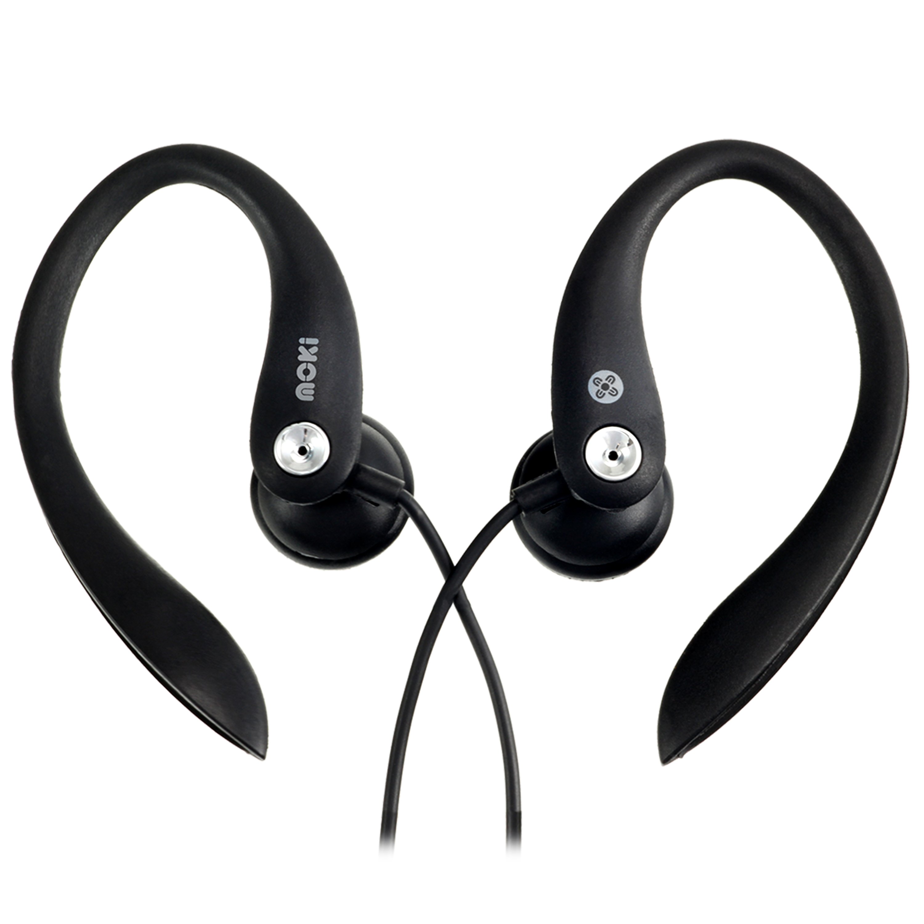 MOKI Sports Earphones in black with rubberised ear hooks for secure fit during workouts.