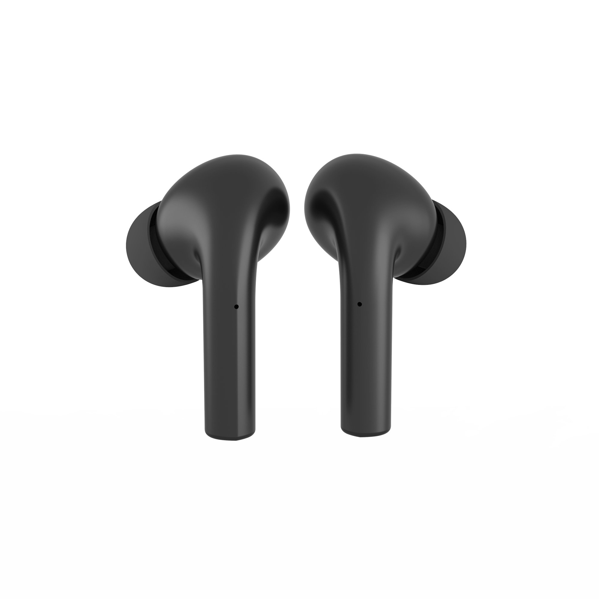 MOKIPods True Wireless Earbuds in black, showcasing their sleek design and compact size, perfect for on-the-go listening.