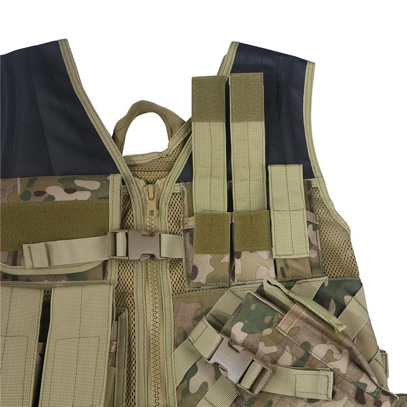 Molle Tactical Army Vest in camo design, featuring multiple pockets and armor plate carrier capabilities, ideal for airsoft and hunting.