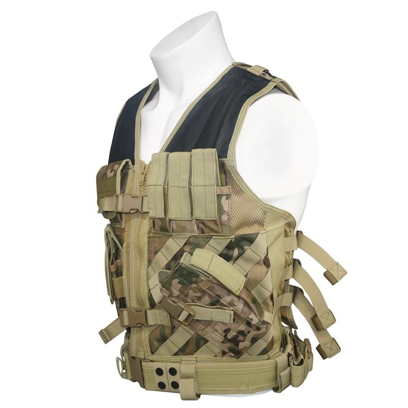 Molle Tactical Army Vest in camo design, featuring multiple pockets and armor plate carrier capabilities, ideal for airsoft and hunting.