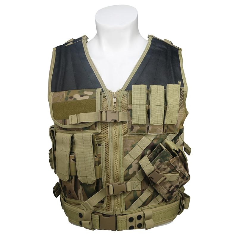 Molle Tactical Army Vest in camo design, featuring multiple pockets and armor plate carrier capabilities, ideal for airsoft and hunting.