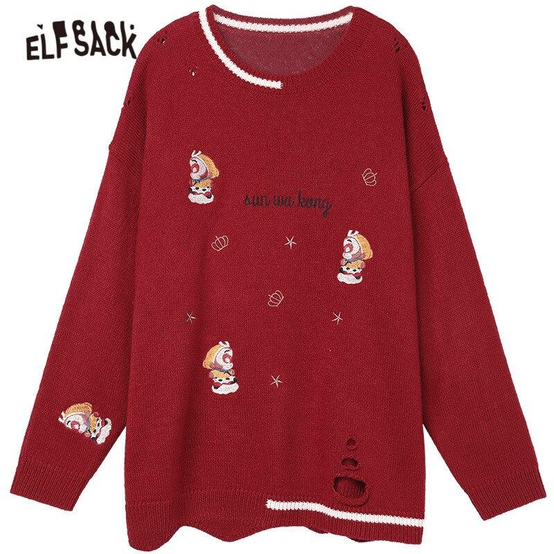 A vibrant red and green Monkey King Embroidery Casual Knit Pullover Sweater for women, featuring a drop shoulder design and playful cartoon pattern.