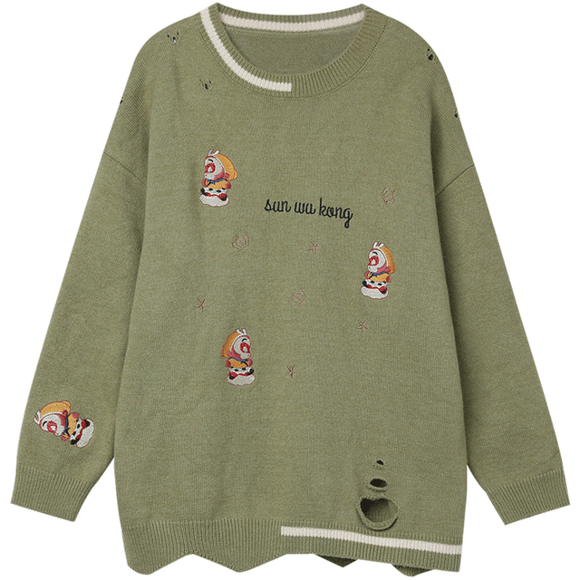 A vibrant red and green Monkey King Embroidery Casual Knit Pullover Sweater for women, featuring a drop shoulder design and playful cartoon pattern.