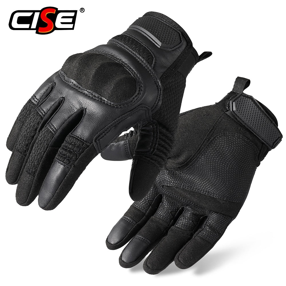 Motorcycle full finger gloves made of PU leather, featuring touchscreen capability and anti-slip design, ideal for motocross and motorbike riding.