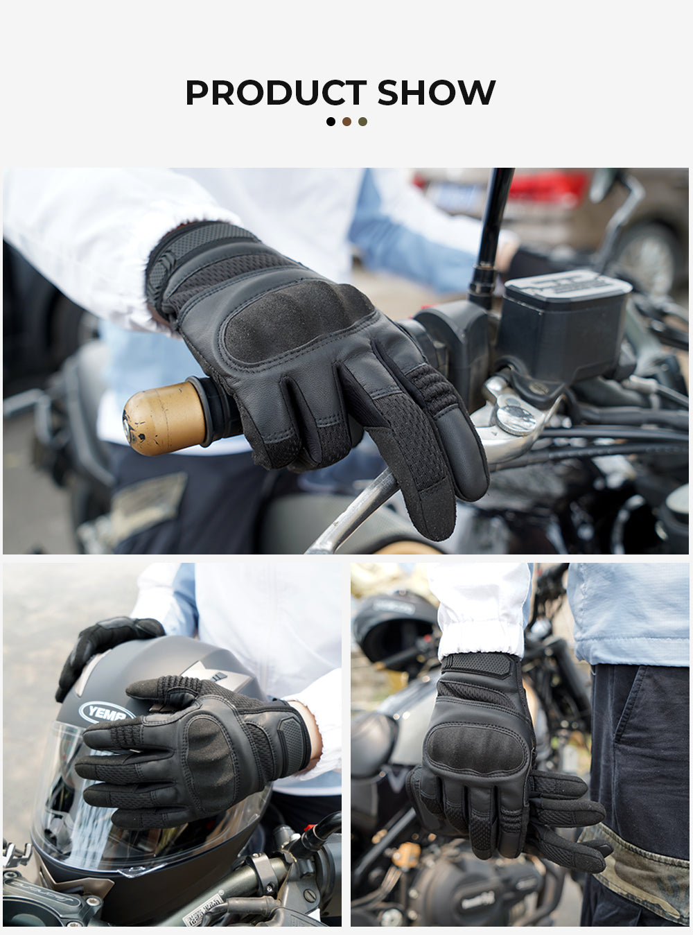 Motorcycle full finger gloves made of PU leather, featuring touchscreen capability and anti-slip design, ideal for motocross and motorbike riding.