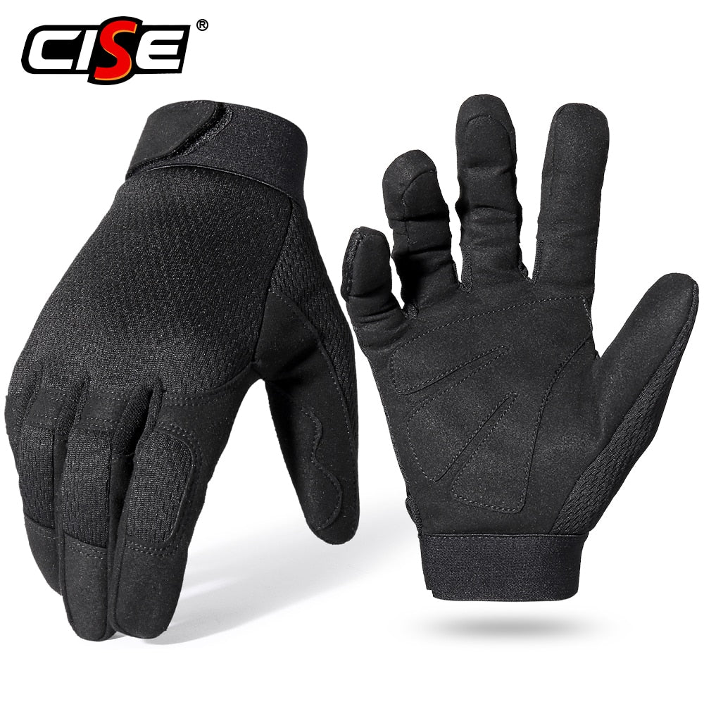 A pair of full finger motorcycle gloves designed for motocross and biking, featuring a breathable and shock-proof design in various colors.