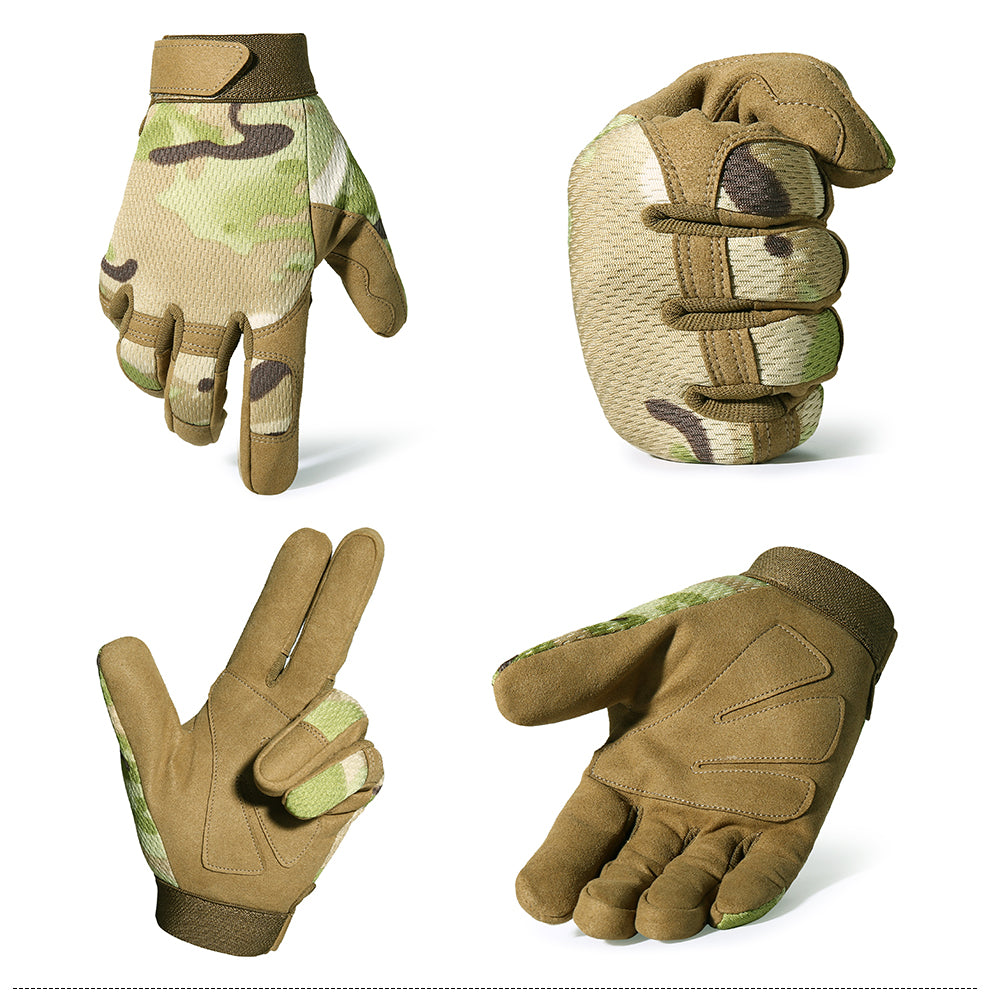 A pair of full finger motorcycle gloves designed for motocross and biking, featuring a breathable and shock-proof design in various colors.