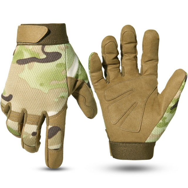 A pair of full finger motorcycle gloves designed for motocross and biking, featuring a breathable and shock-proof design in various colors.