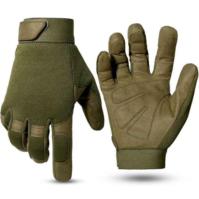 A pair of full finger motorcycle gloves designed for motocross and biking, featuring a breathable and shock-proof design in various colors.