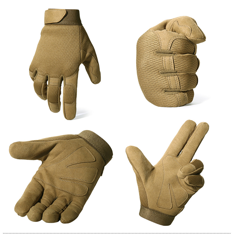 A pair of full finger motorcycle gloves designed for motocross and biking, featuring a breathable and shock-proof design in various colors.