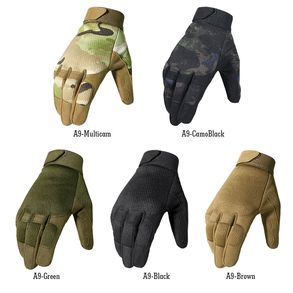 A pair of full finger motorcycle gloves designed for motocross and biking, featuring a breathable and shock-proof design in various colors.