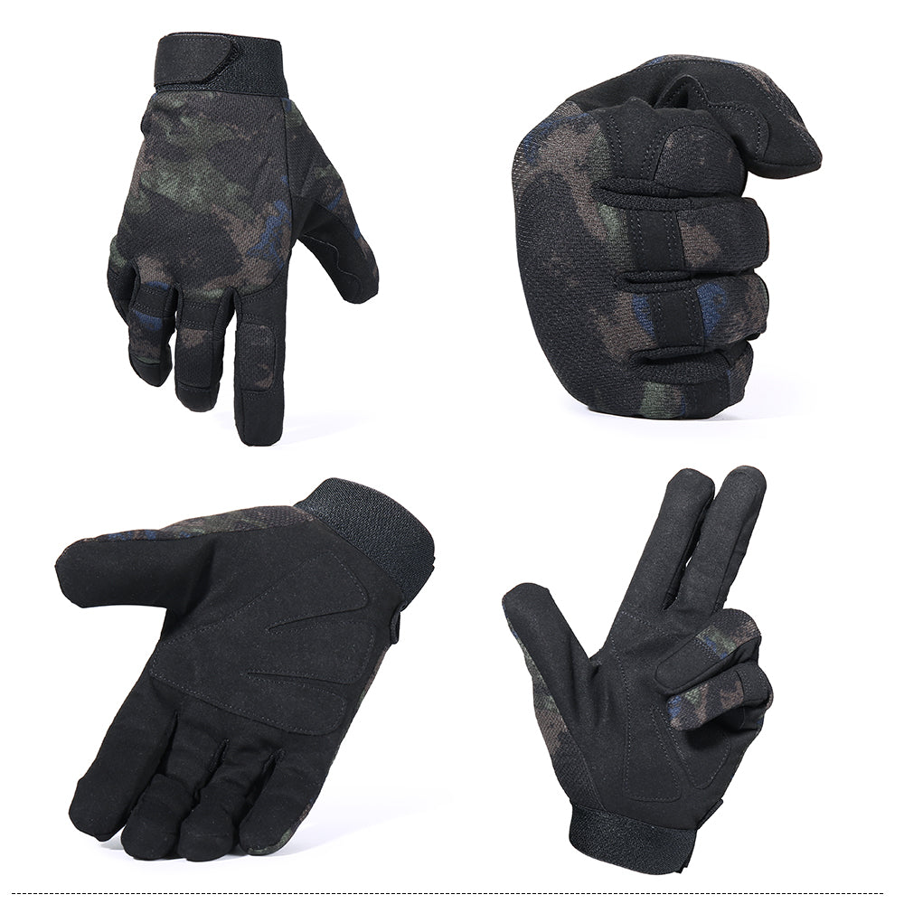 A pair of full finger motorcycle gloves designed for motocross and biking, featuring a breathable and shock-proof design in various colors.