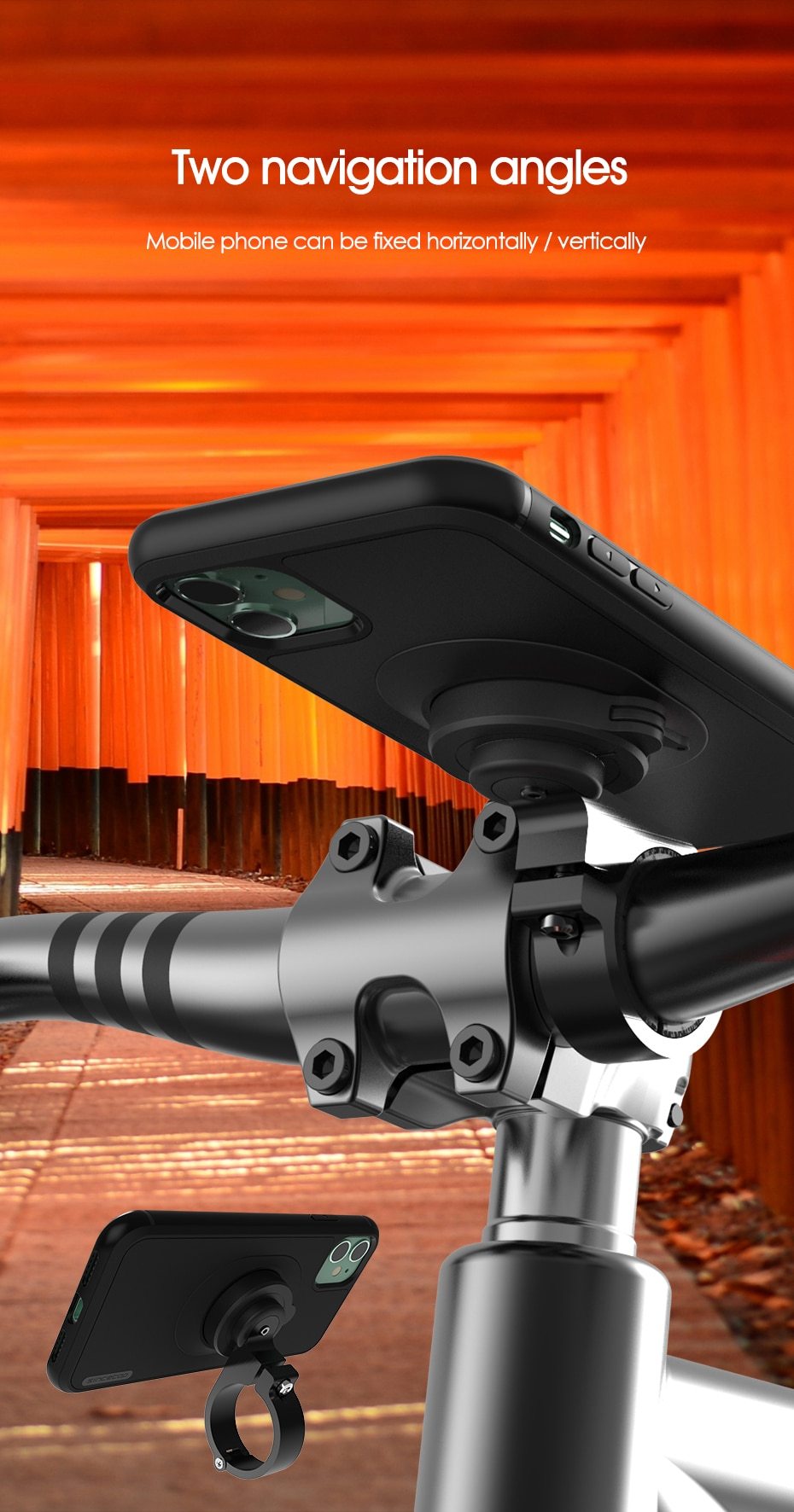 Motorcycle phone holder designed for various iPhone models, featuring a shockproof case and sturdy mount for secure attachment.